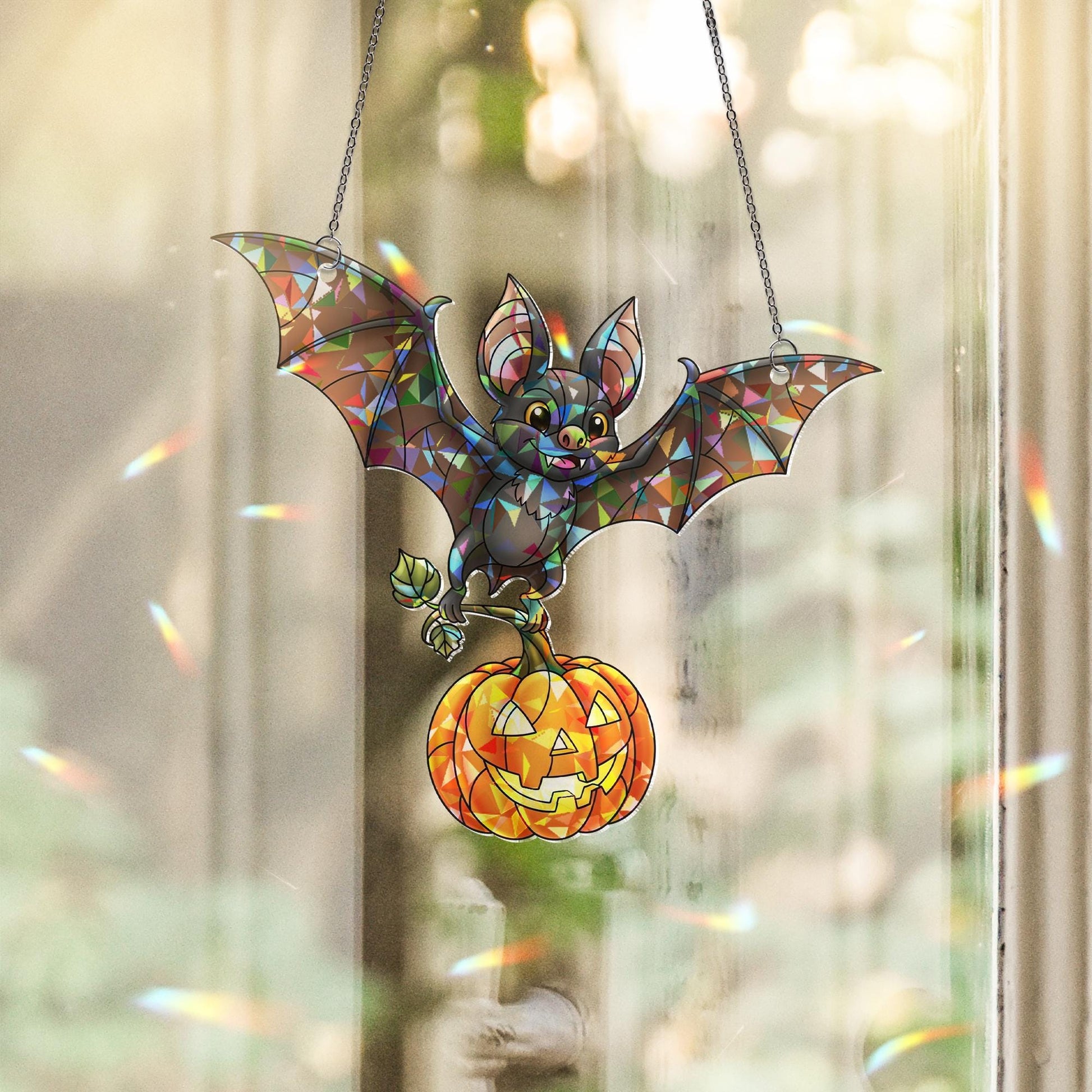 Halloween Bat Suncatcher, Stained Glass Pumpkin Hanging Decor, Cute Spooky Window Ornament, Fall Sun Catcher Gift