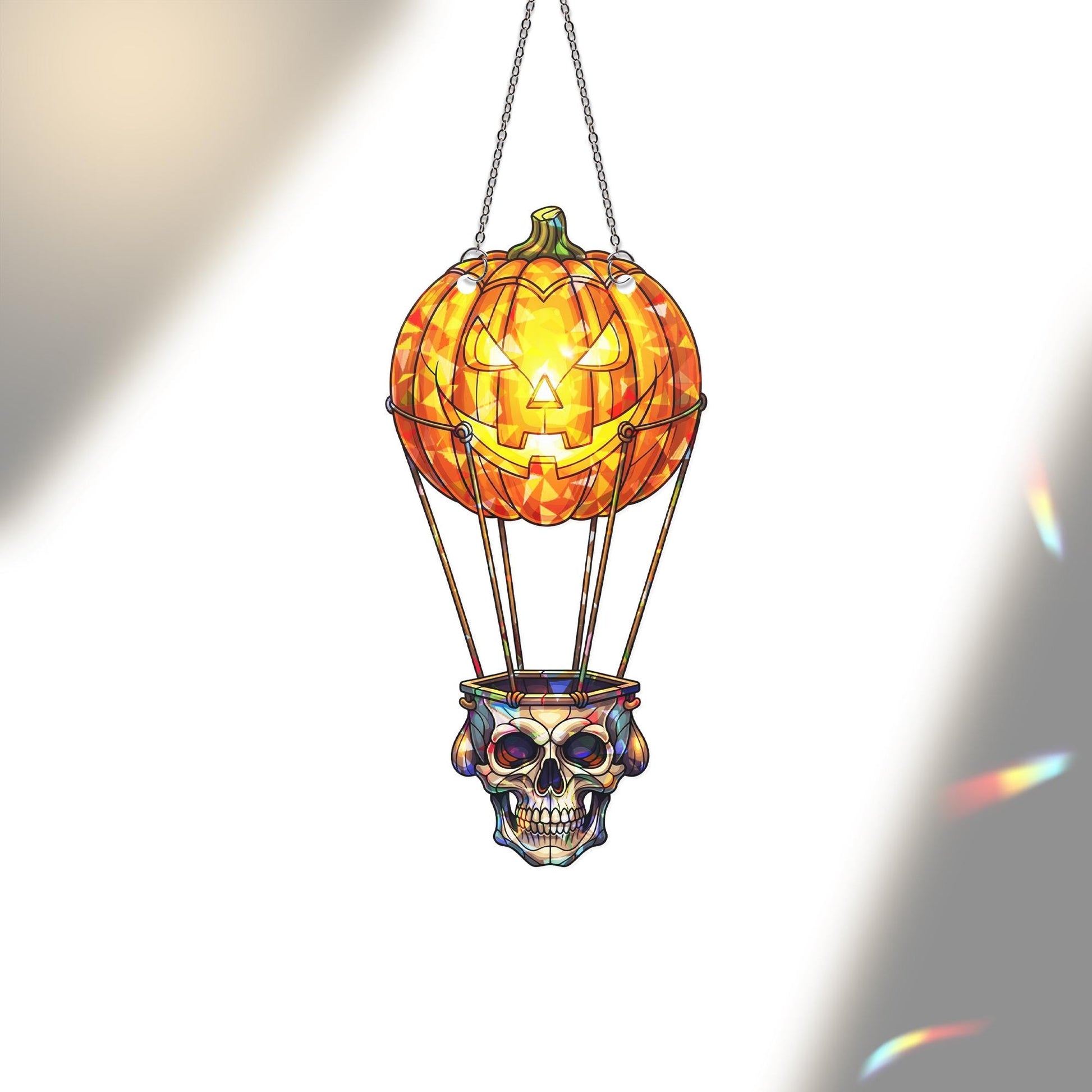Halloween Skull Balloon Suncatcher, Jack O Lantern Stained Glass Hanging, Spooky Gothic Window Decor Gift