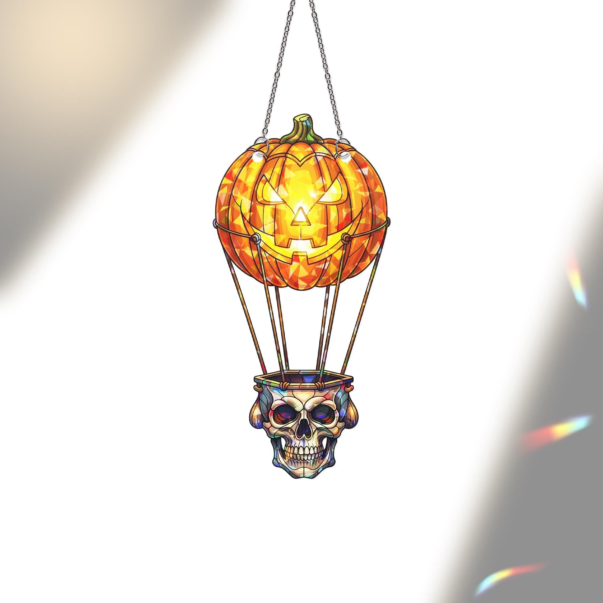Halloween Skull Balloon Suncatcher, Jack O Lantern Stained Glass Hanging, Spooky Gothic Window Decor Gift