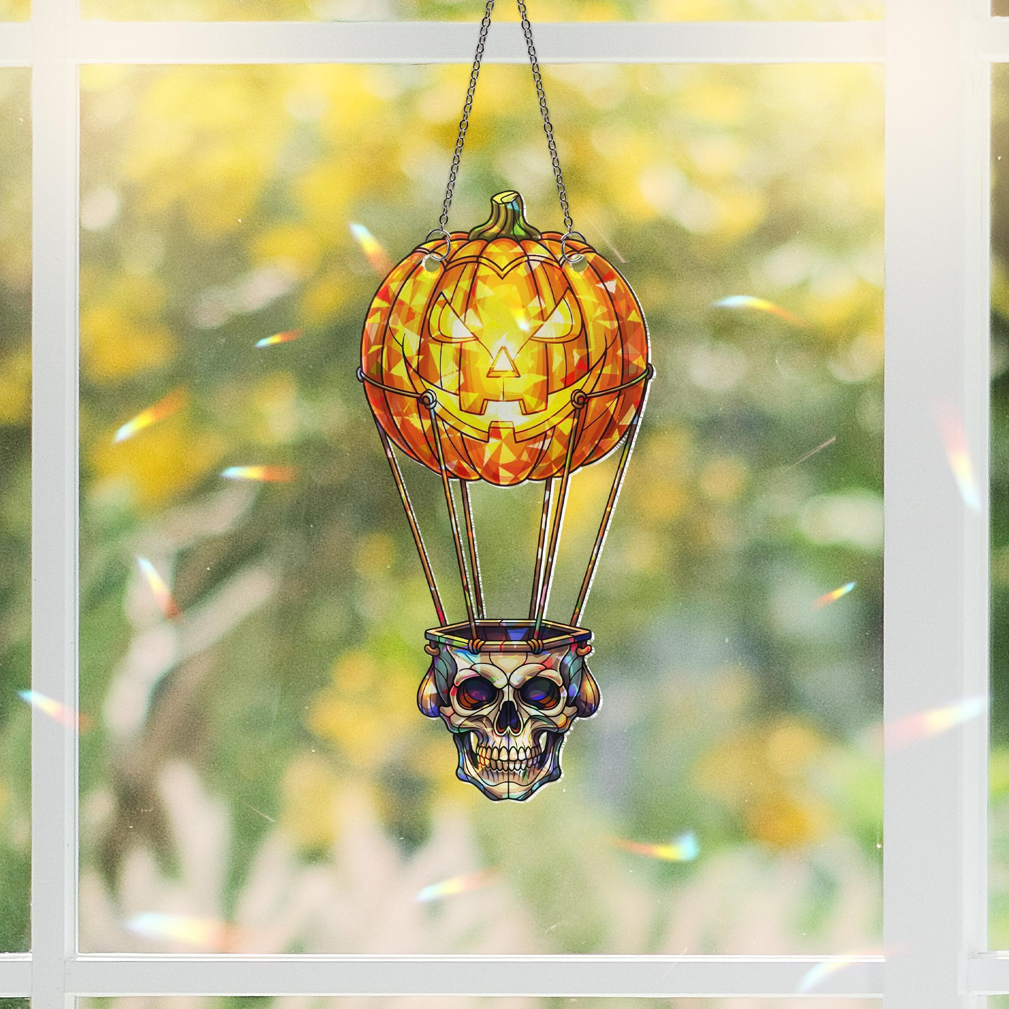 Halloween Skull Balloon Suncatcher, Jack O Lantern Stained Glass Hanging, Spooky Gothic Window Decor Gift