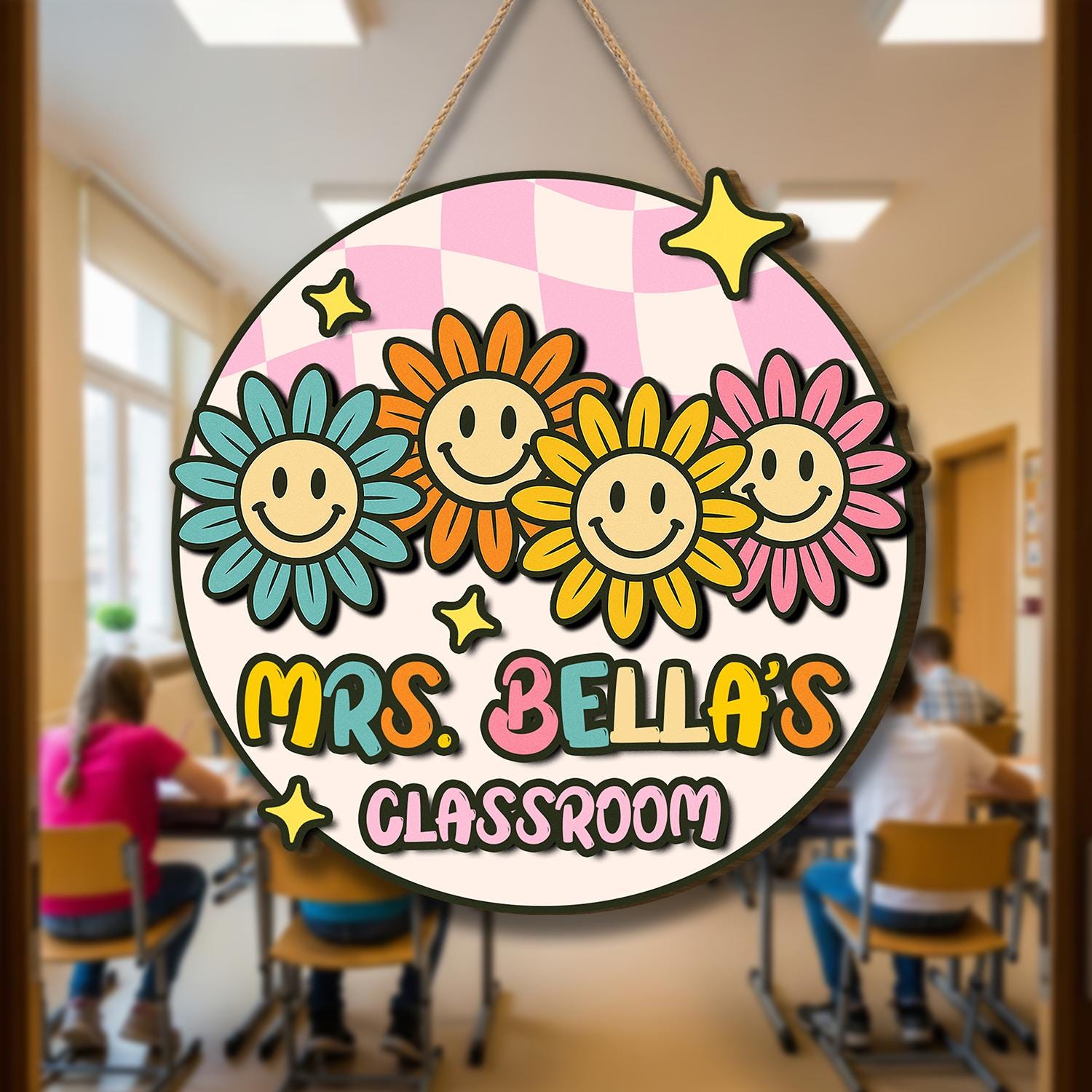 Personalized Teacher Door Sign – Smile Flower Classroom Welcome Sign with Name, Cute Round Decor for Back to School or Teachers, Class Decor