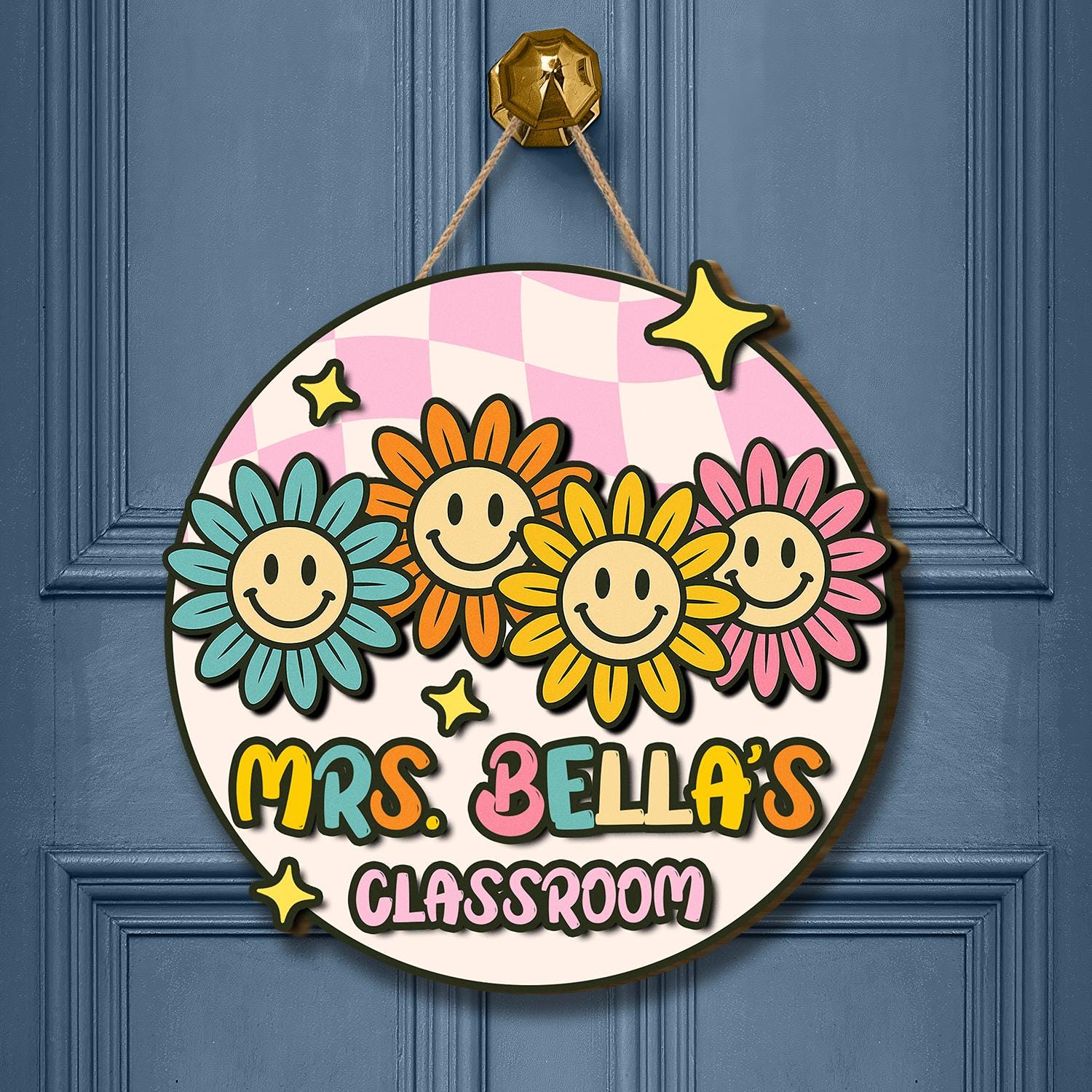 Personalized Teacher Door Sign – Smile Flower Classroom Welcome Sign with Name, Cute Round Decor for Back to School or Teachers, Class Decor