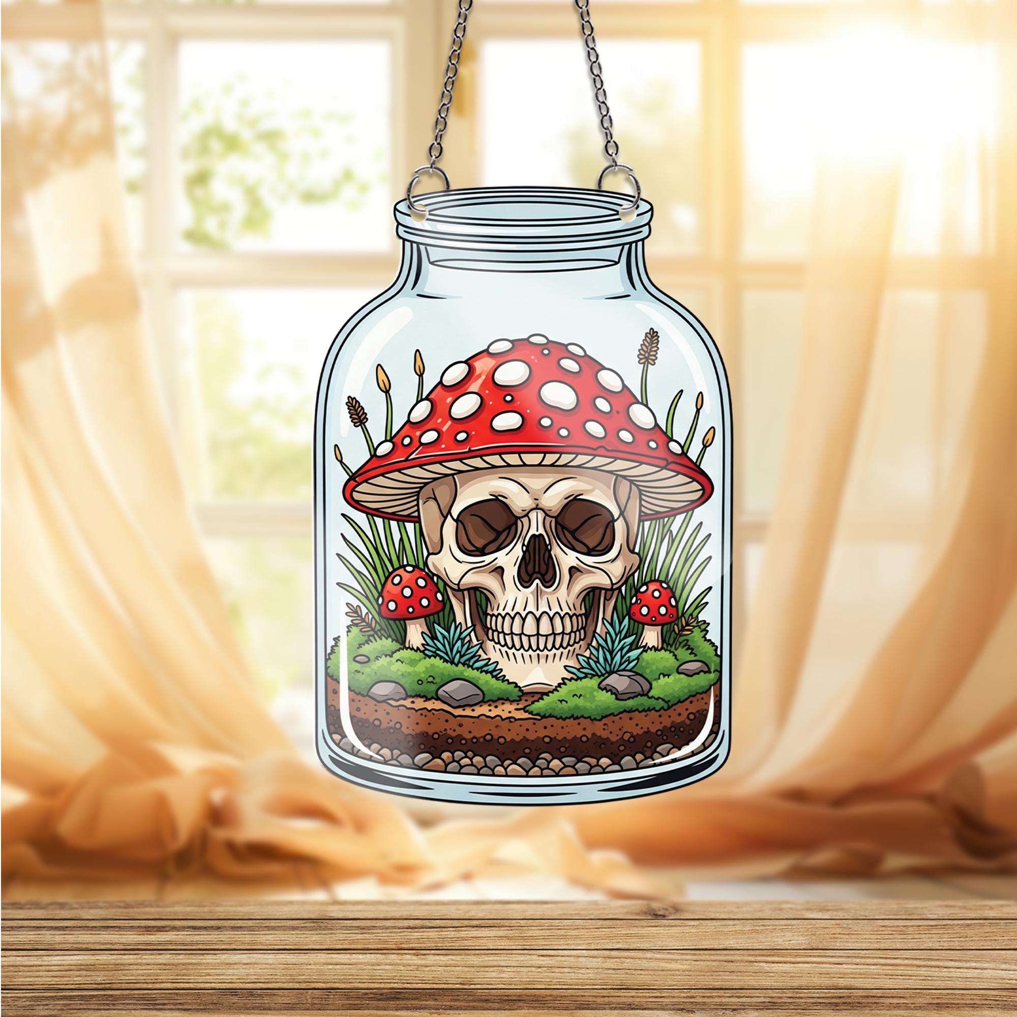 Mushroom Skull Jar ornament , Gothic Terrarium Window Hanging, Spooky Cottagecore Decor Gift