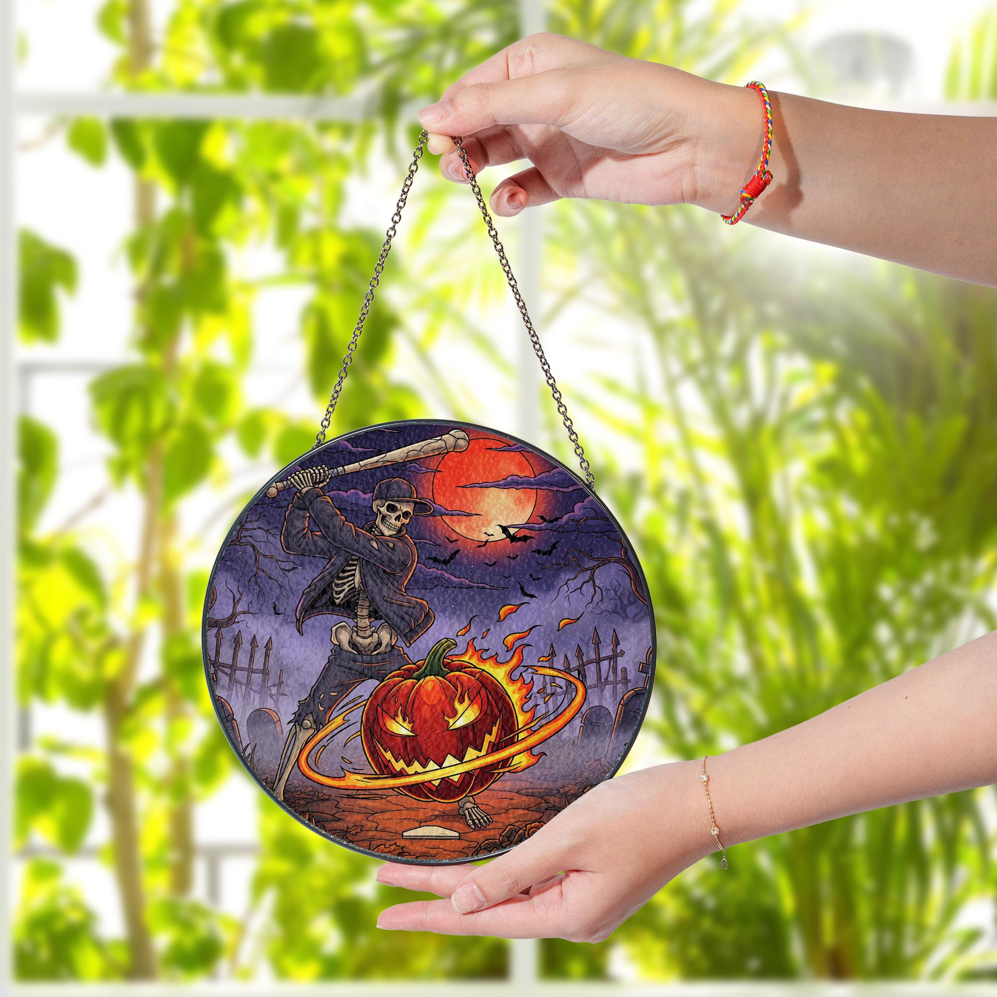 Skeleton Baseball Halloween Suncatcher – Spooky Jack O'Lantern Glass Decor – Gothic Pumpkin Window Art