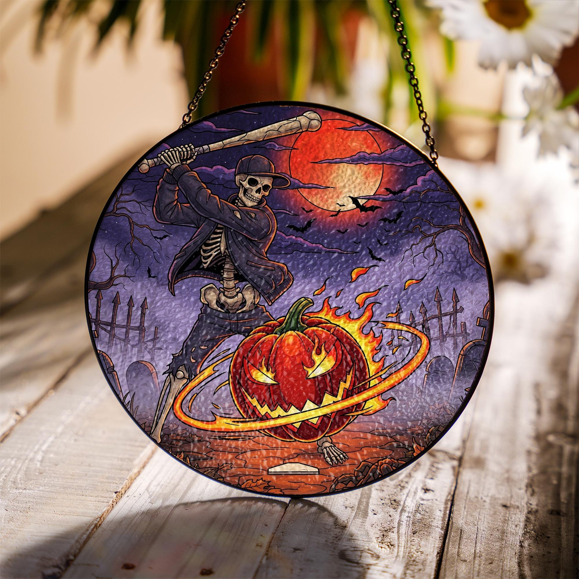 Skeleton Baseball Halloween Suncatcher – Spooky Jack O'Lantern Glass Decor – Gothic Pumpkin Window Art