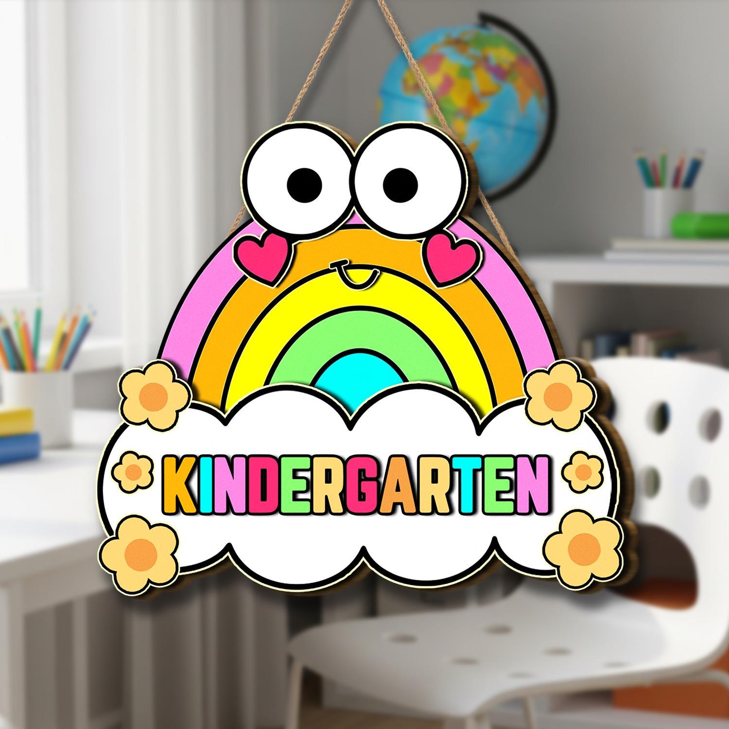 Kindergarten Classroom Door Sign – Cute Rainbow Cloud Welcome Decor with Eyes, Back to School Sign for Preschool or Early Education