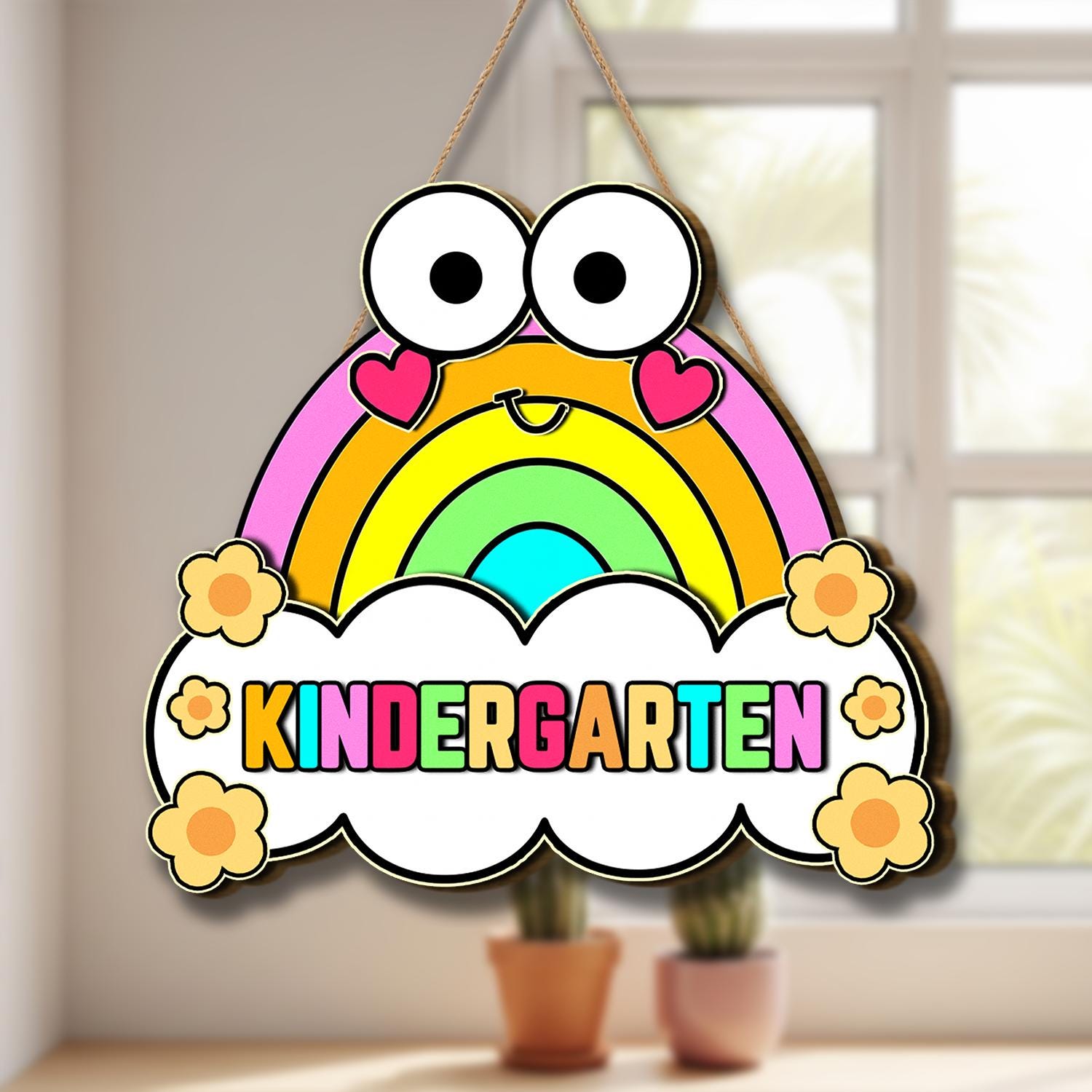 Kindergarten Classroom Door Sign – Cute Rainbow Cloud Welcome Decor with Eyes, Back to School Sign for Preschool or Early Education