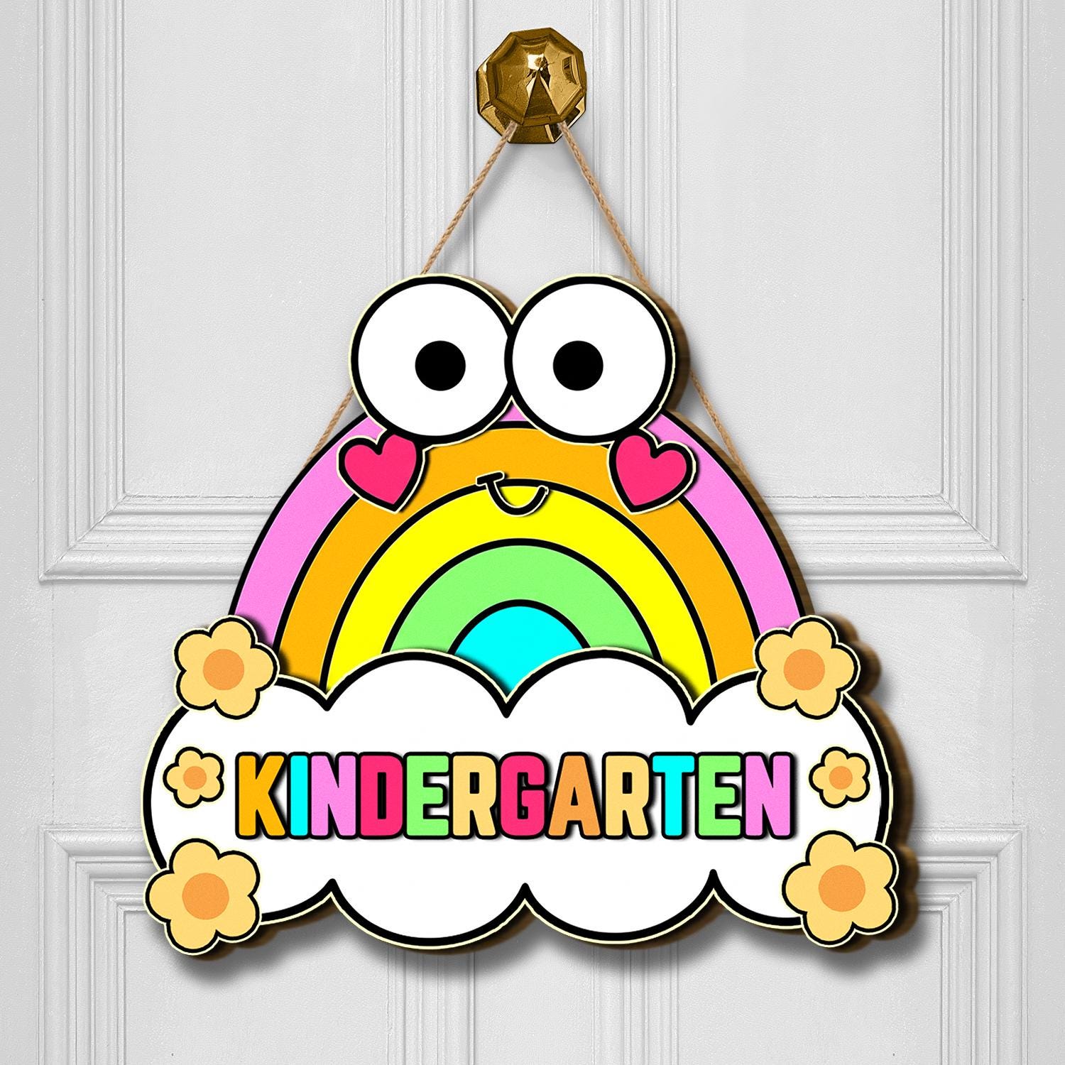 Kindergarten Classroom Door Sign – Cute Rainbow Cloud Welcome Decor with Eyes, Back to School Sign for Preschool or Early Education