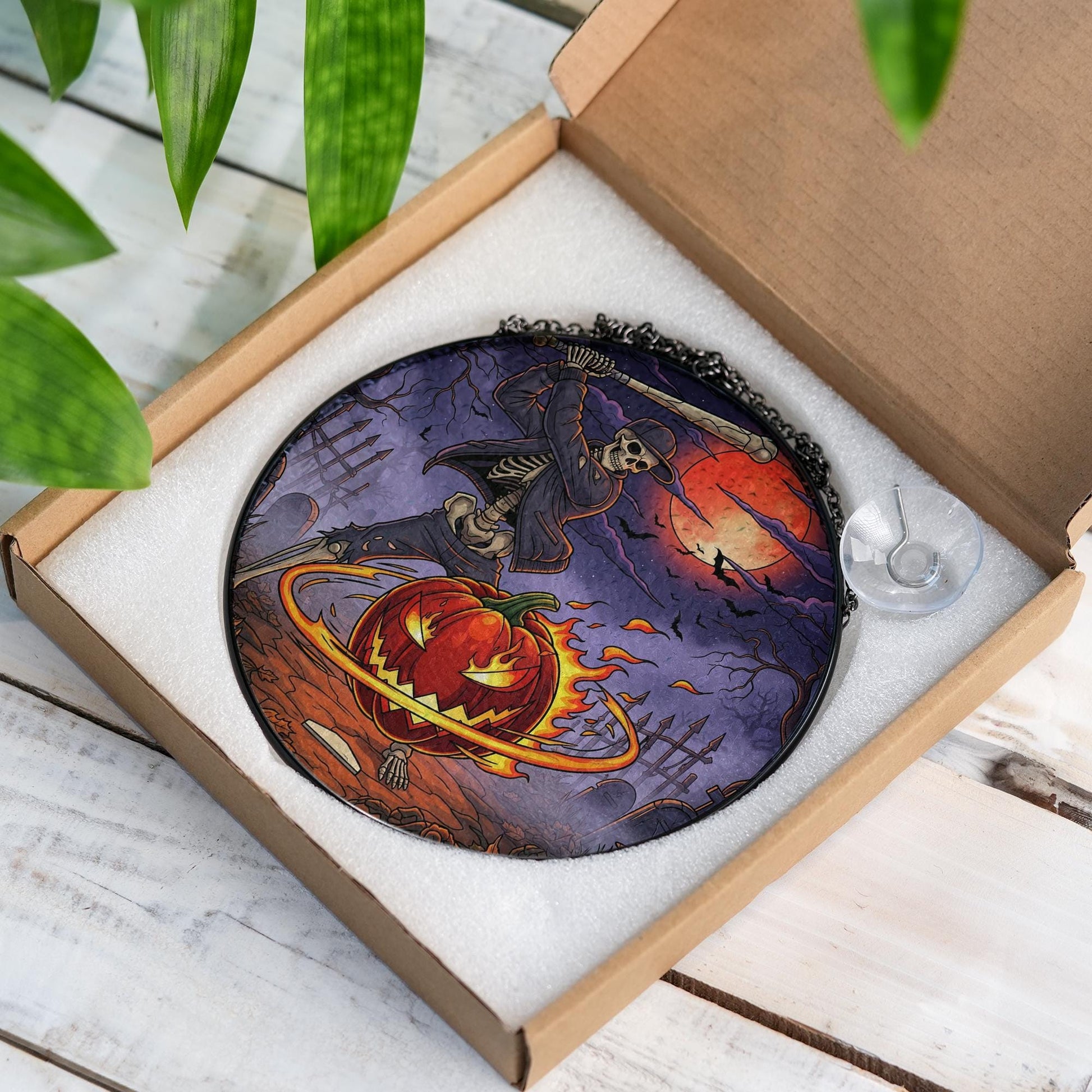 Skeleton Baseball Halloween Suncatcher – Spooky Jack O'Lantern Glass Decor – Gothic Pumpkin Window Art
