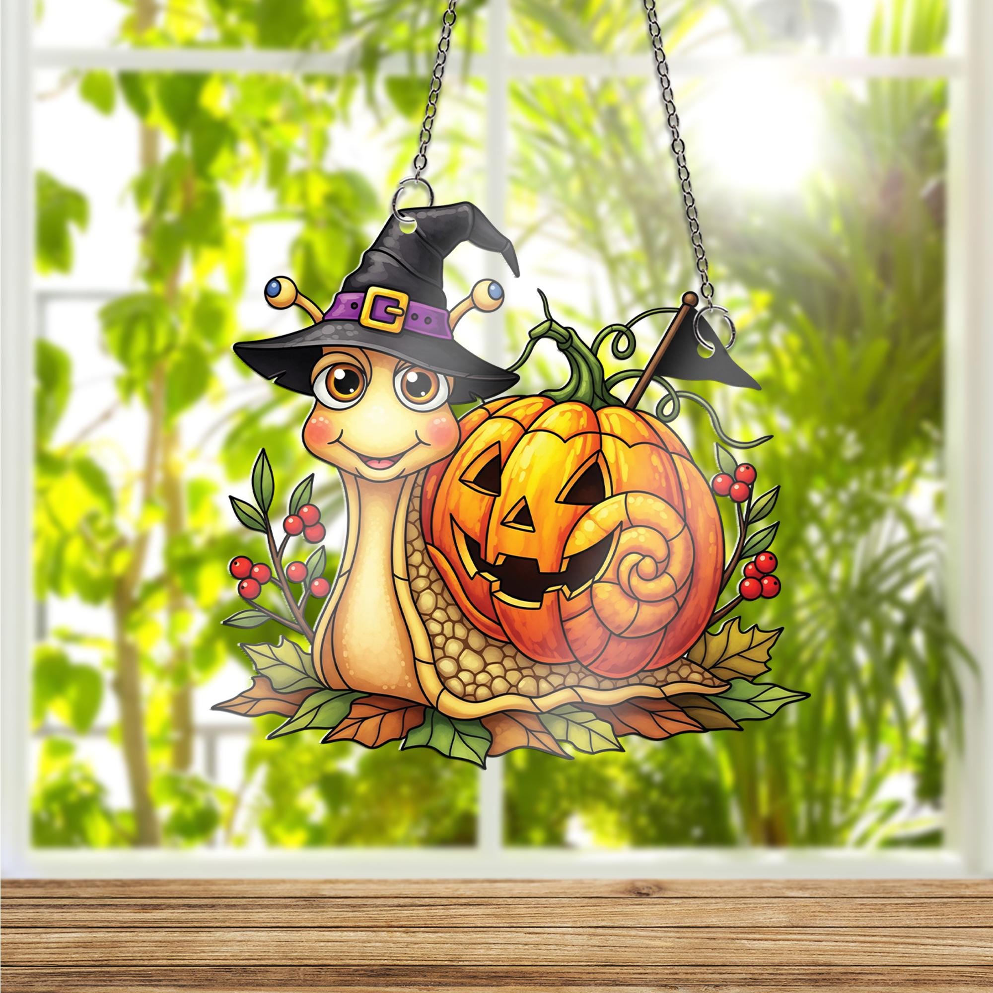 Cute Halloween Snail Ornament , Pumpkin Witch Window Decor, Fall Cartoon Animal Ornament