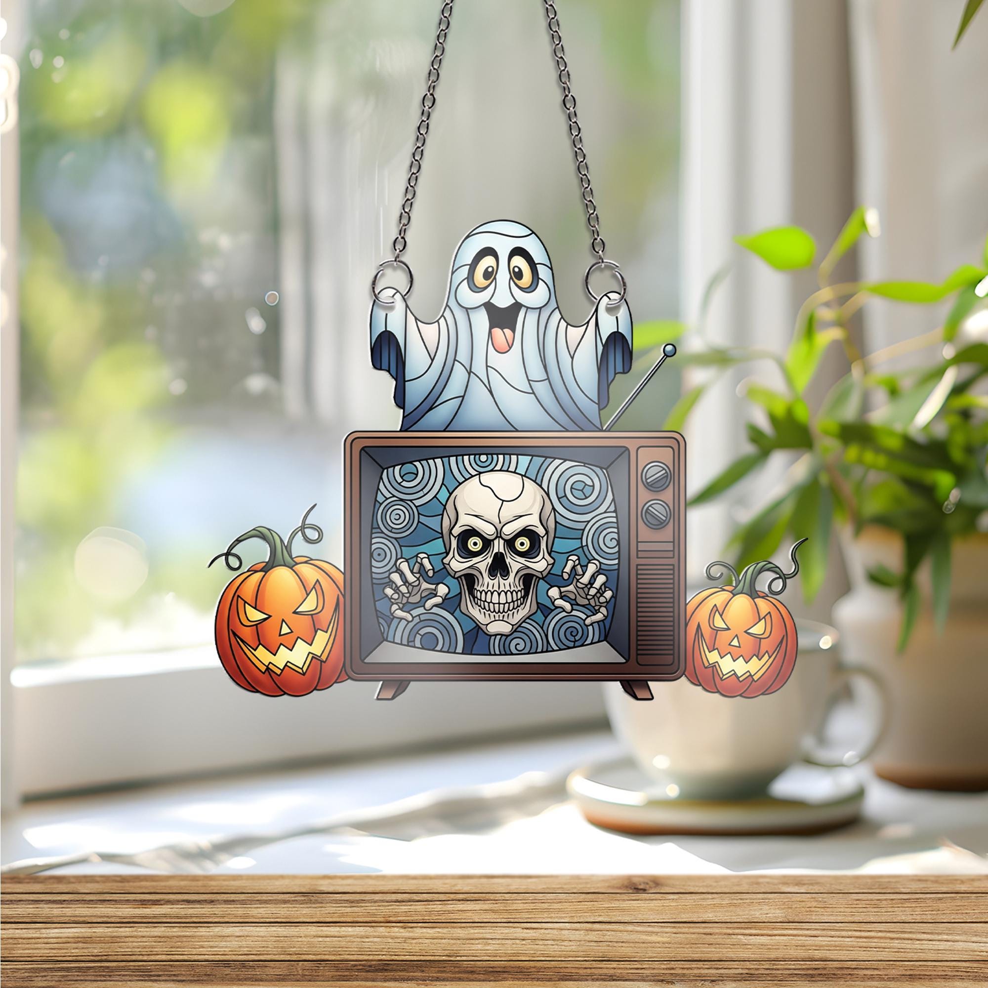 Retro Halloween TV Ornament , Cute Ghost and Skull Window Decor, Spooky Fall Ornament