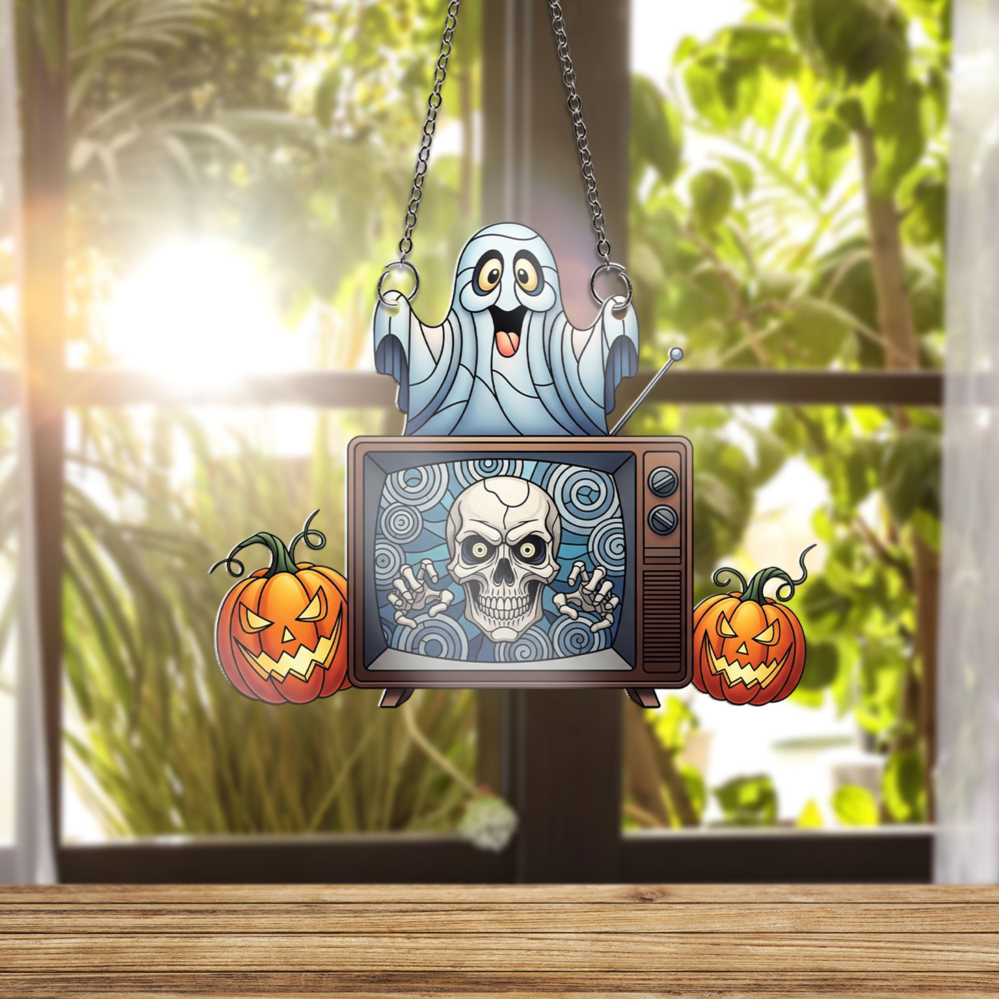Retro Halloween TV Ornament , Cute Ghost and Skull Window Decor, Spooky Fall Ornament