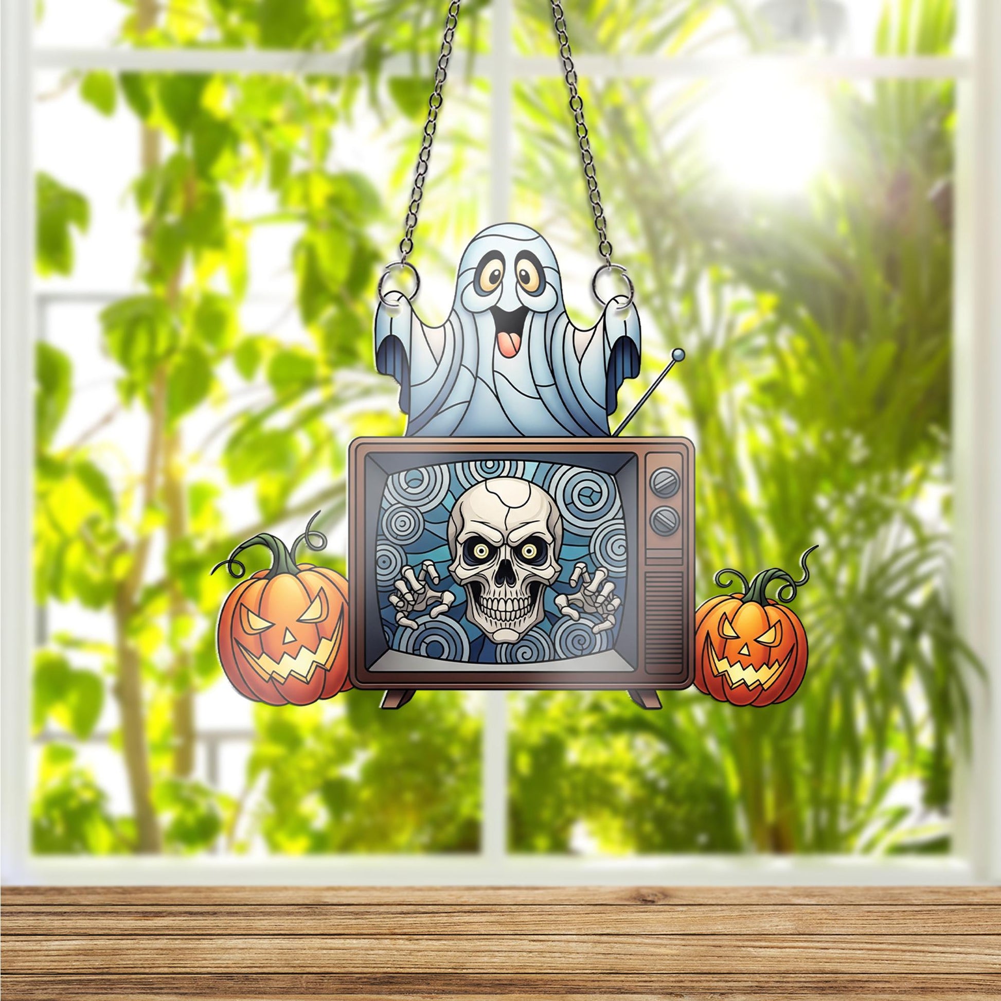 Retro Halloween TV Ornament , Cute Ghost and Skull Window Decor, Spooky Fall Ornament