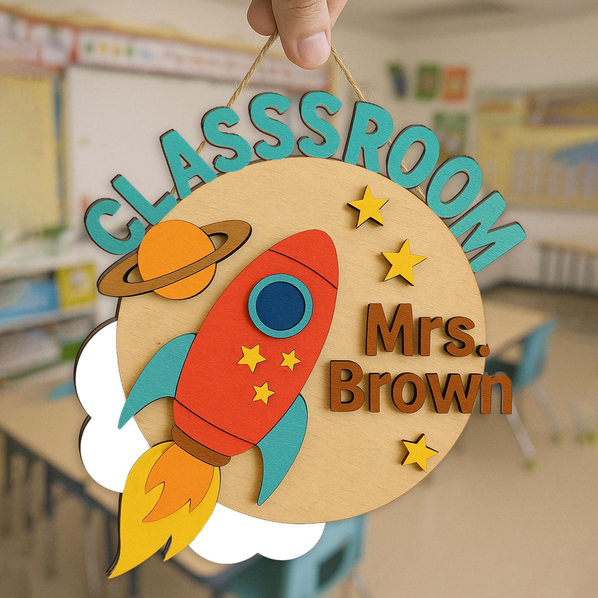 Custom Rocket Classroom Sign, Personalized Wooden Door Hanger, Classroom Space Theme Decor, Back to School Teacher Gift