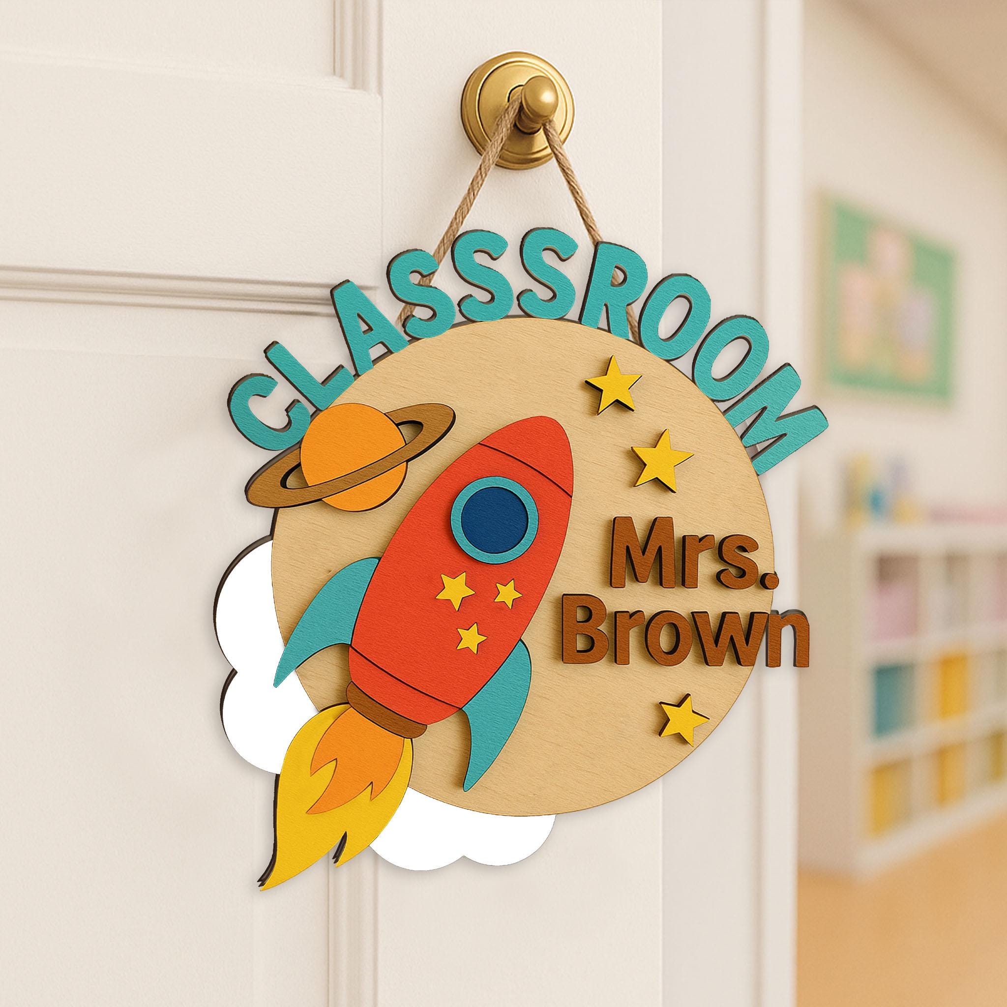 Custom Rocket Classroom Sign, Personalized Wooden Door Hanger, Classroom Space Theme Decor, Back to School Teacher Gift