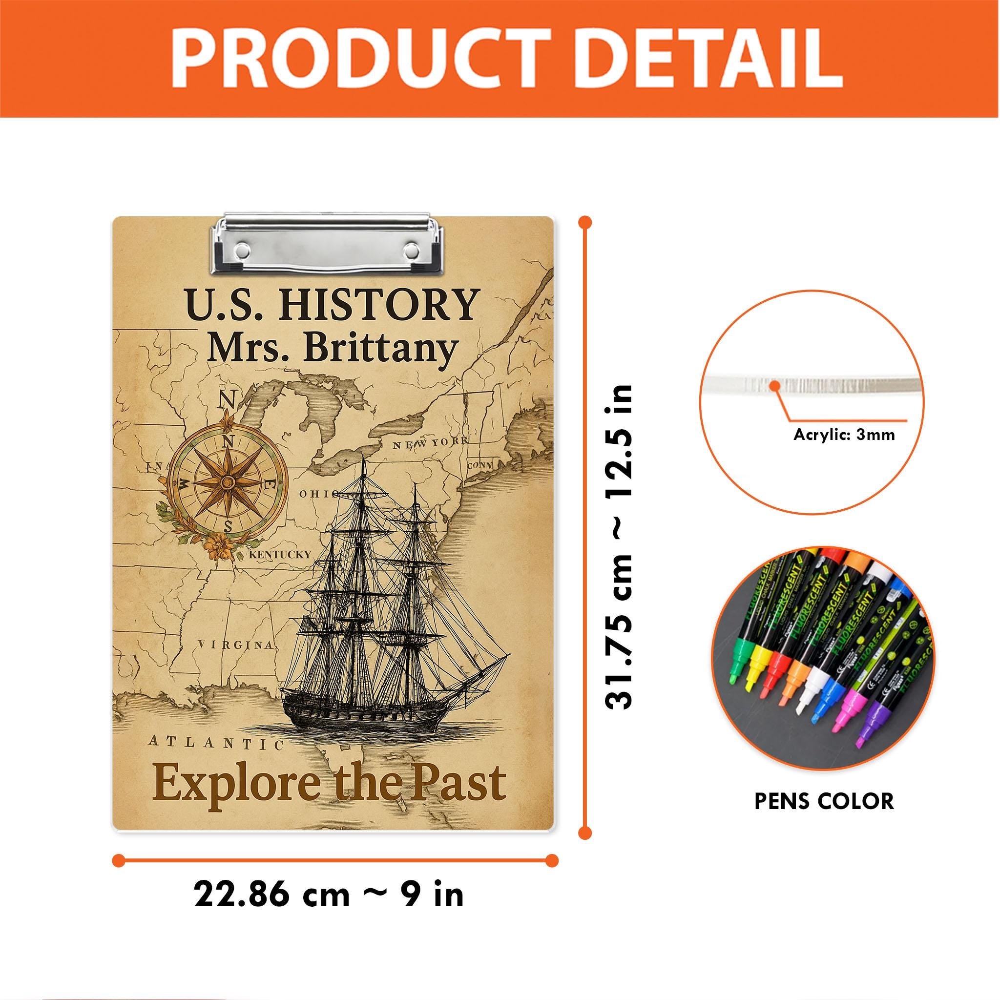 Custom History Teacher Clipboard, U.S. History Theme Clipboard for Teacher, Personalized Classroom Supplies, Explore the Past