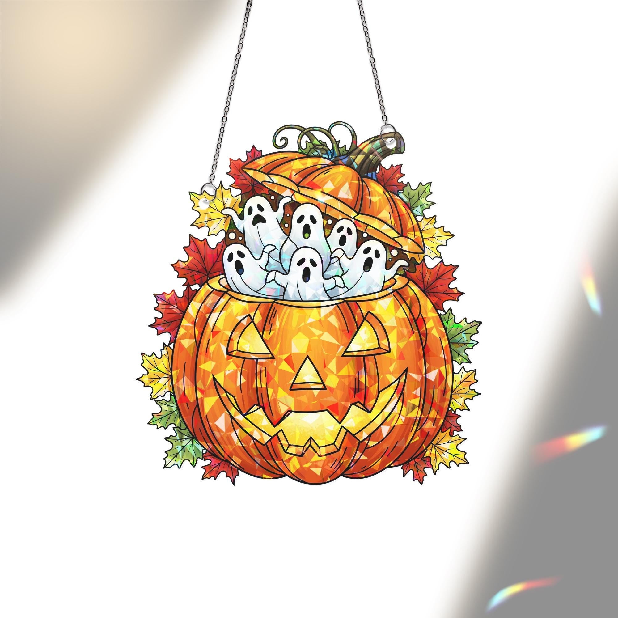 Stained Glass Pumpkin Suncatcher with Ghosts - Halloween Decor - Spooky Autumn Window Hanging