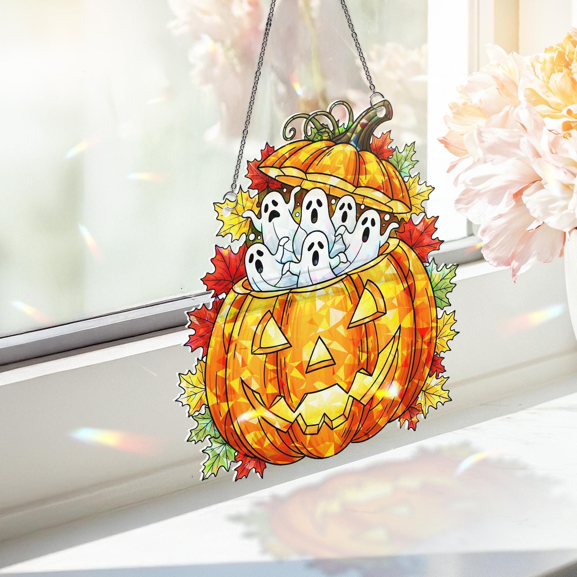 Stained Glass Pumpkin Sun Catcher with Ghosts - Halloween Decor - Spooky Autumn Window Hanging