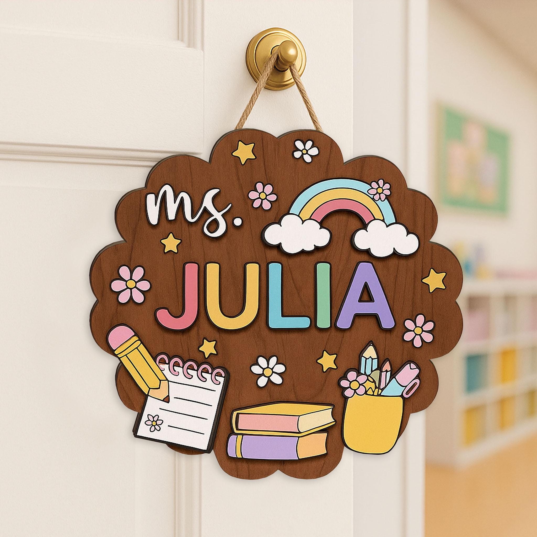 Custom Teacher Flower 3D Door Sign, Teacher Classroom Decor, Rainbow Wooden Name Sign, Back to School Gift, Personalized Teacher Plaque