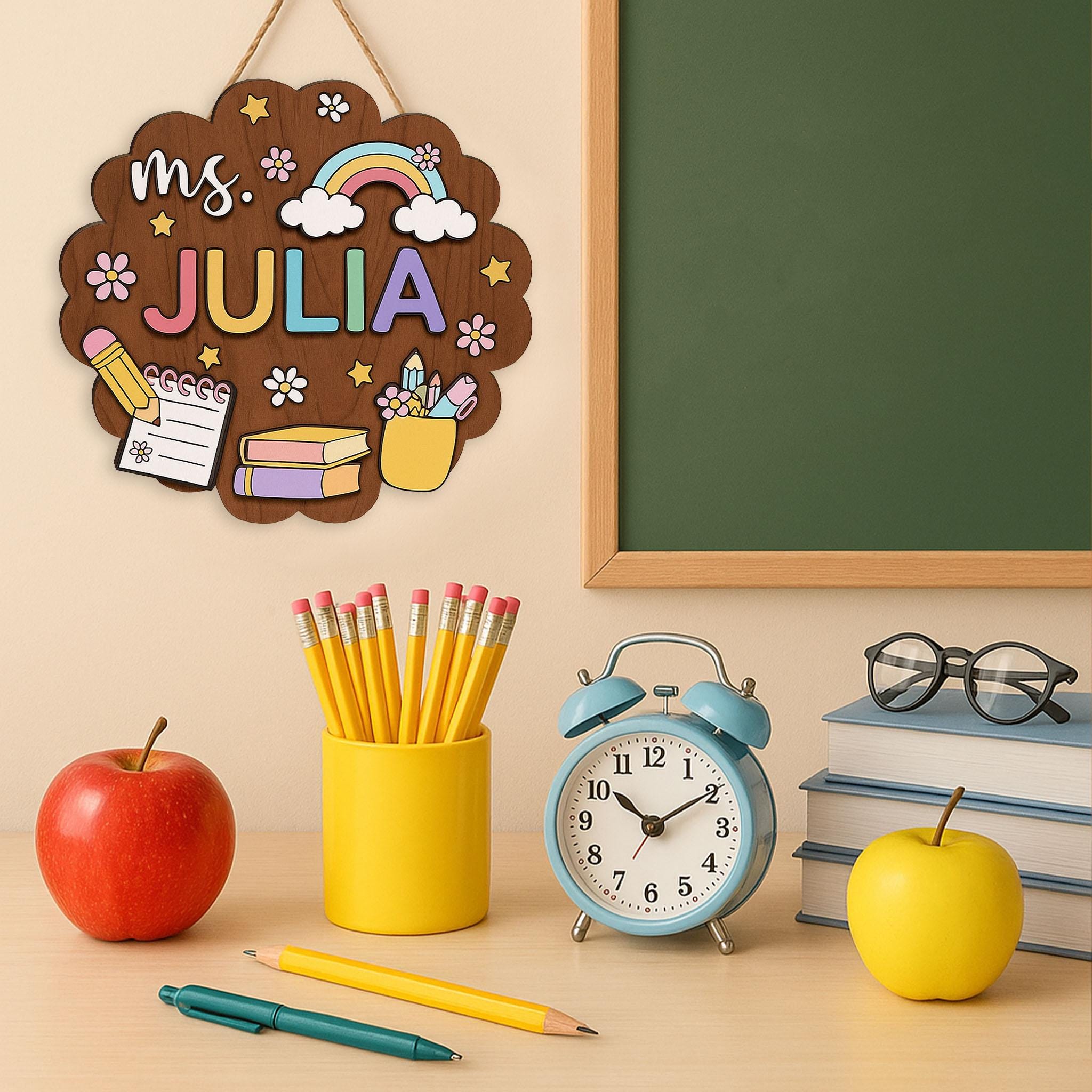 Custom Teacher Flower 3D Door Sign, Teacher Classroom Decor, Rainbow Wooden Name Sign, Back to School Gift, Personalized Teacher Plaque