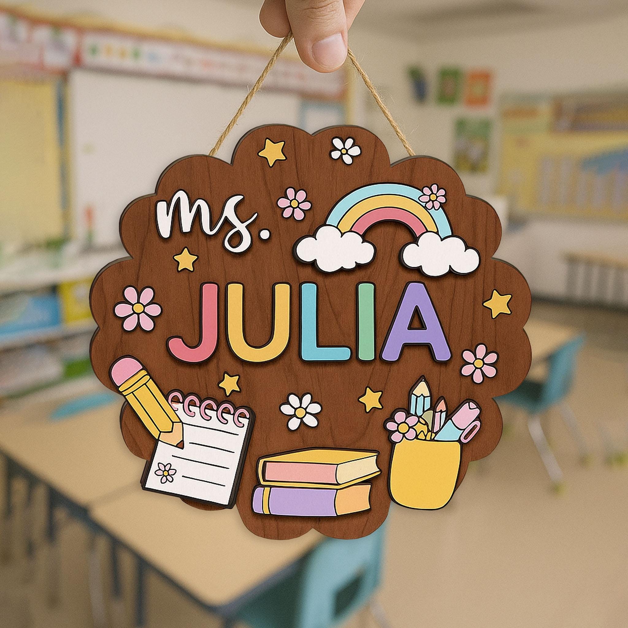 Custom Teacher Flower 3D Door Sign, Teacher Classroom Decor, Rainbow Wooden Name Sign, Back to School Gift, Personalized Teacher Plaque