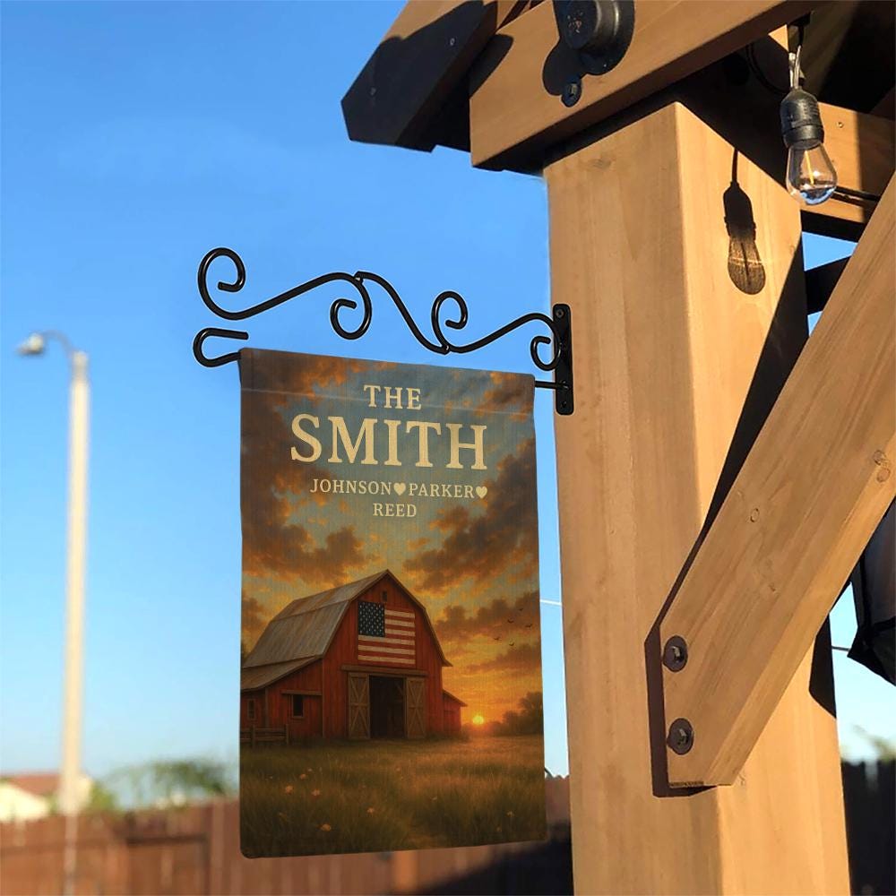 Custom Family Name Barn Flag with American Flag – 4th of July Garden Decor, Personalized Patriotic Farmhouse Outdoor Banner