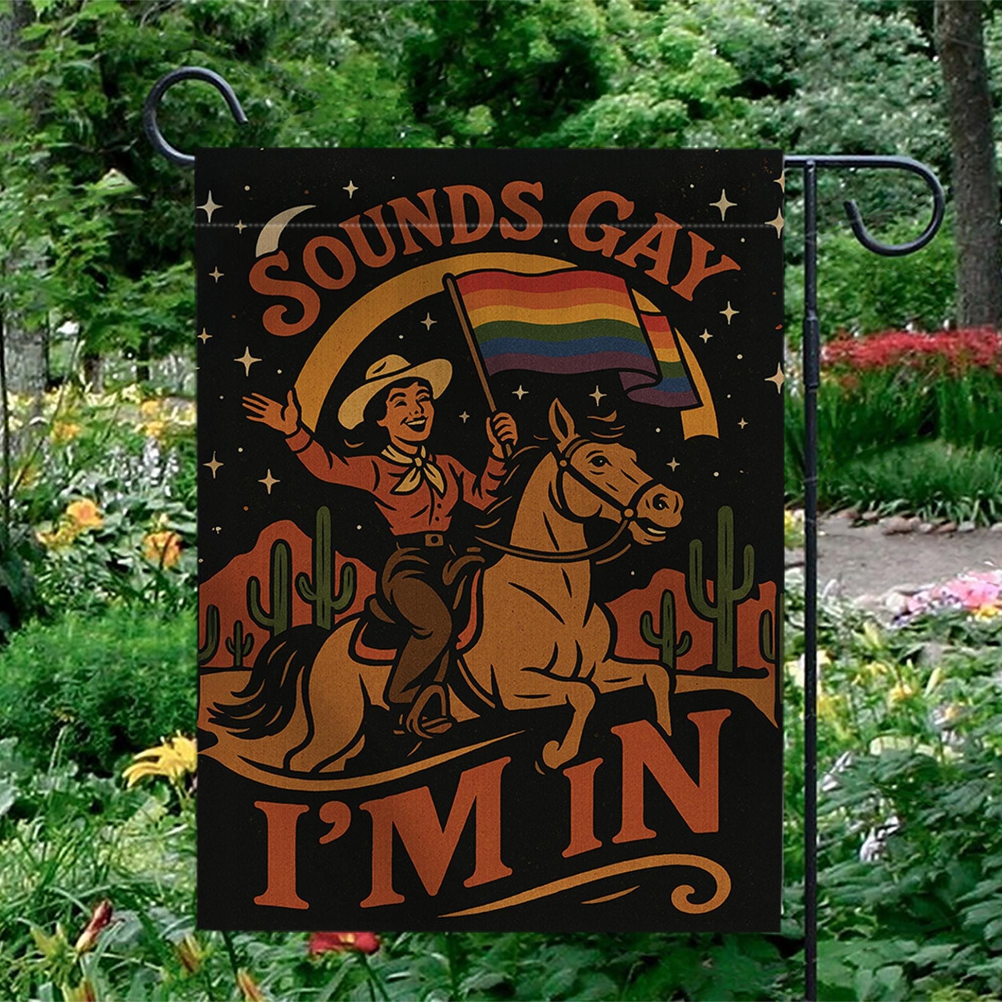 Sounds Gay I'm In Garden Flag – Funny LGBTQ Pride Yard Decor, Retro Cowboy Rainbow Flag, Inclusive Outdoor Sign for Queer Pride
