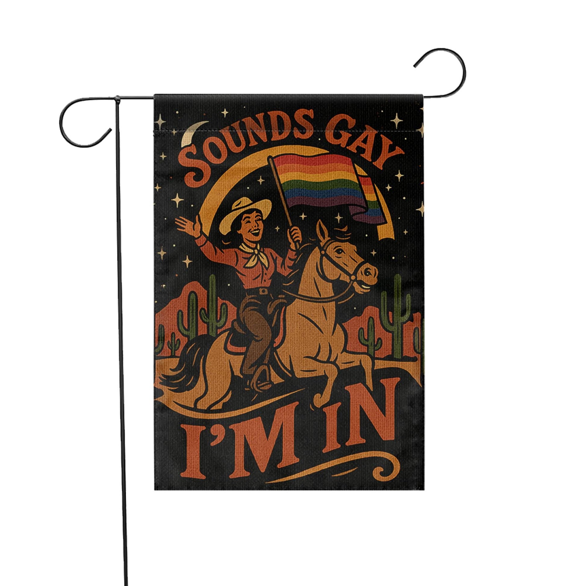 Sounds Gay I'm In Garden Flag – Funny LGBTQ Pride Yard Decor, Retro Cowboy Rainbow Flag, Inclusive Outdoor Sign for Queer Pride