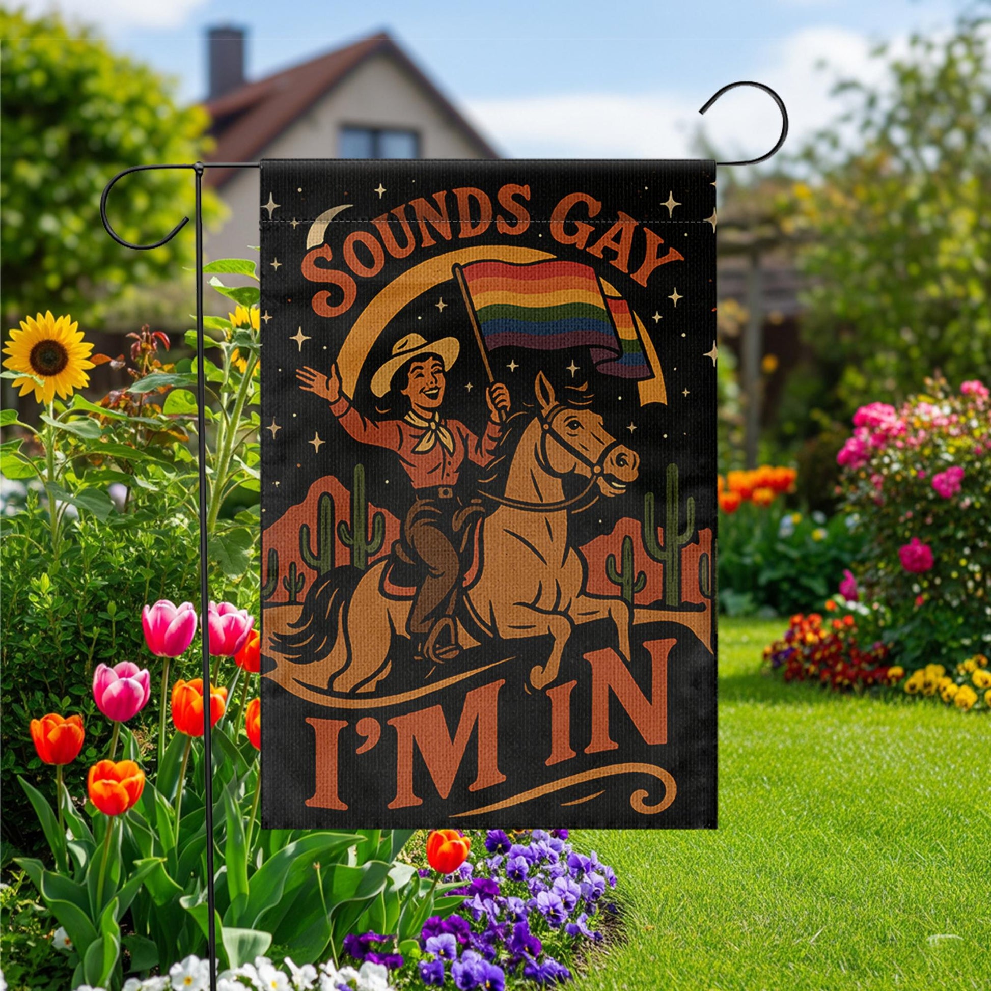 Sounds Gay I'm In Garden Flag – Funny LGBTQ Pride Yard Decor, Retro Cowboy Rainbow Flag, Inclusive Outdoor Sign for Queer Pride