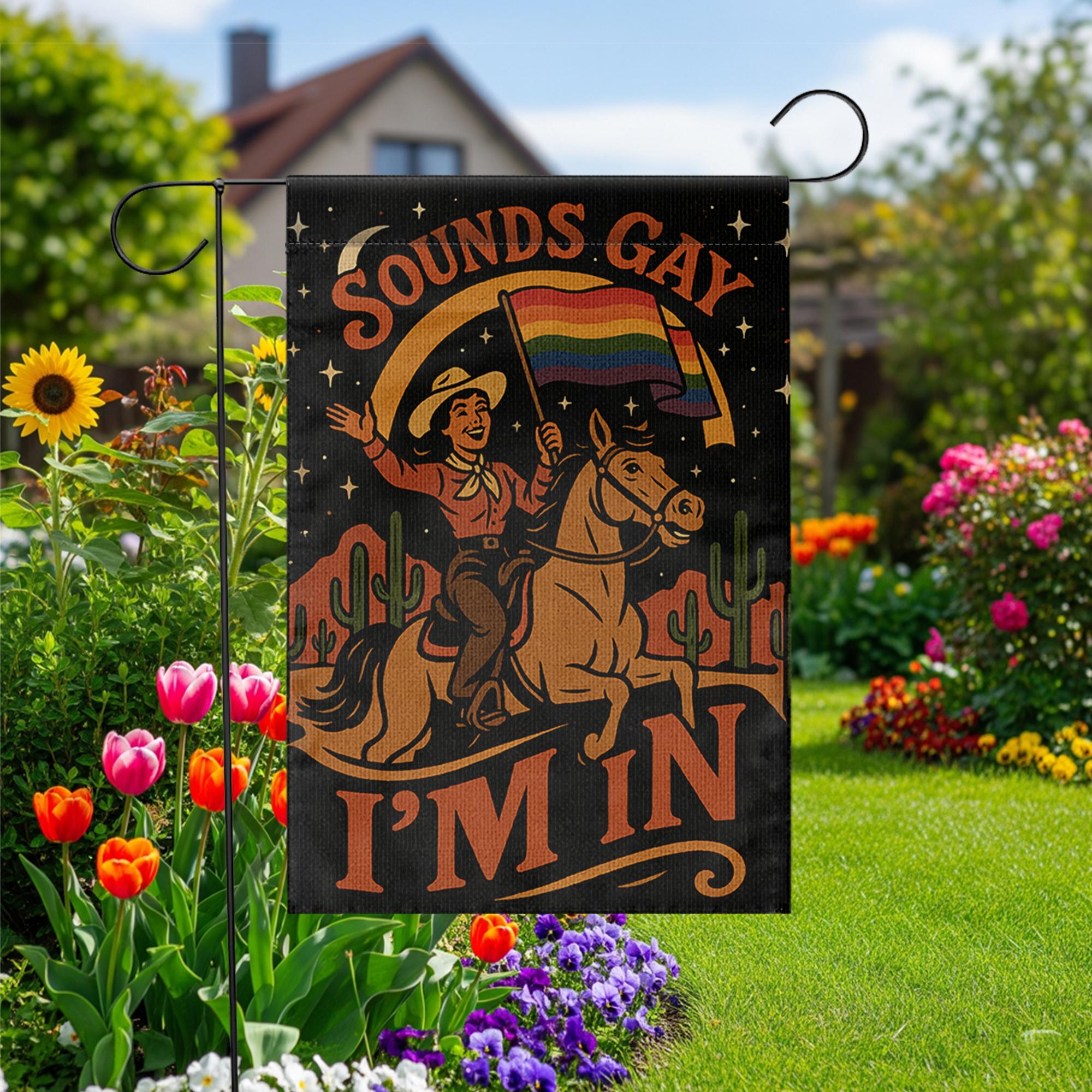 Sounds Gay I'm In Garden Flag – Funny LGBTQ Pride Yard Decor, Retro Cowboy Rainbow Flag, Inclusive Outdoor Sign for Queer Pride