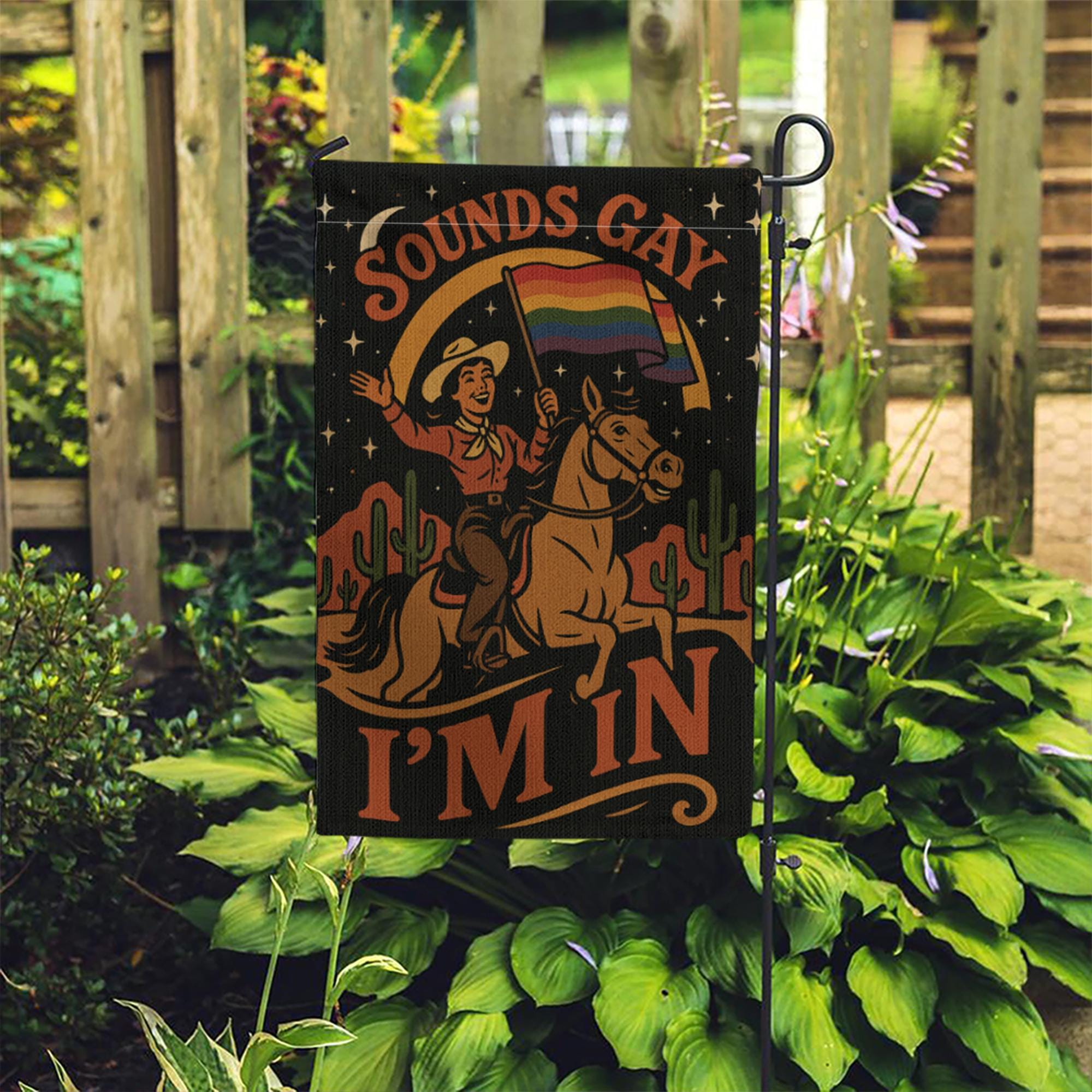 Sounds Gay I'm In Garden Flag – Funny LGBTQ Pride Yard Decor, Retro Cowboy Rainbow Flag, Inclusive Outdoor Sign for Queer Pride
