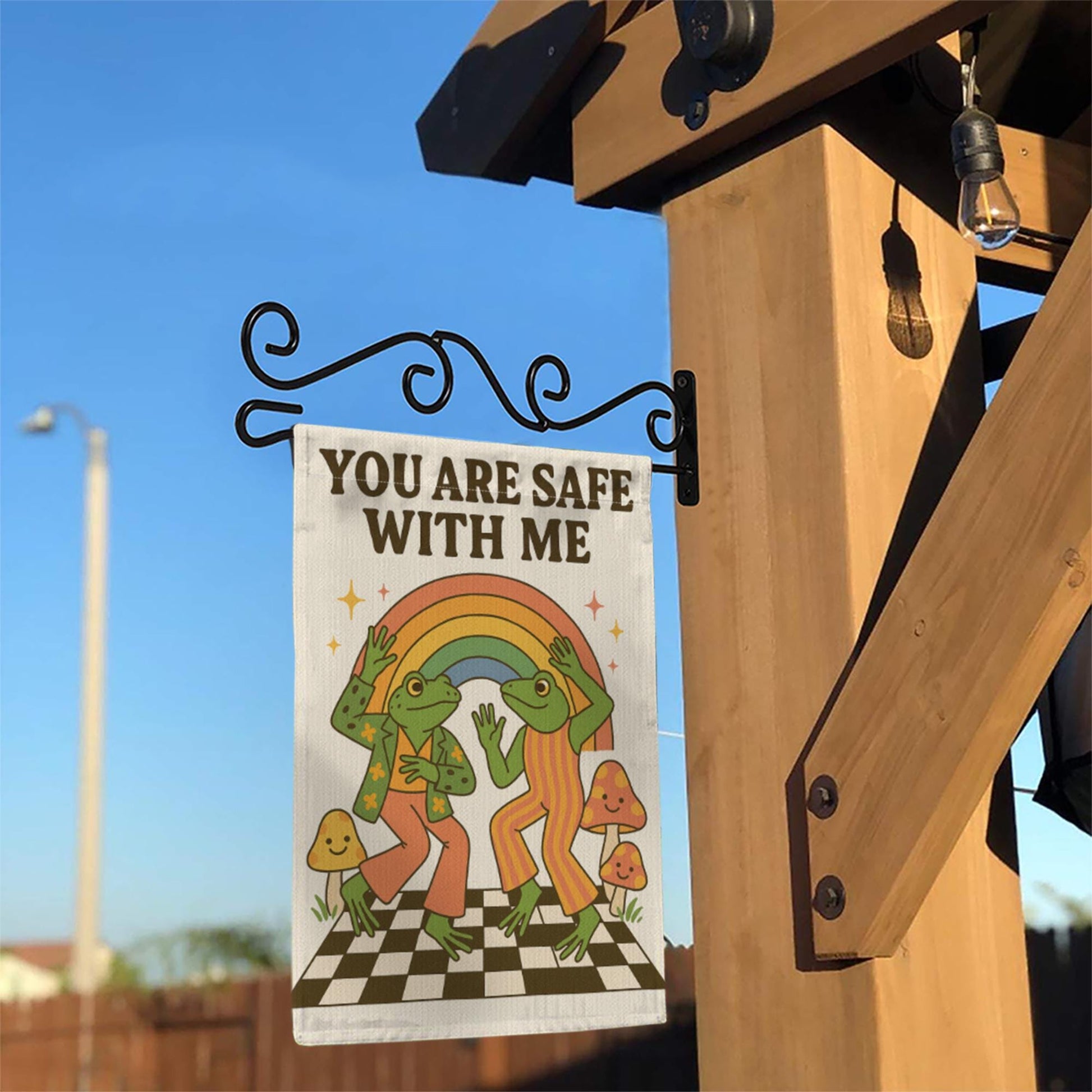 You Are Safe With Me Garden Flag – Cute LGBT Pride Frog Decor, Rainbow Queer Outdoor Sign, Affirming Safe Space Yard Banner