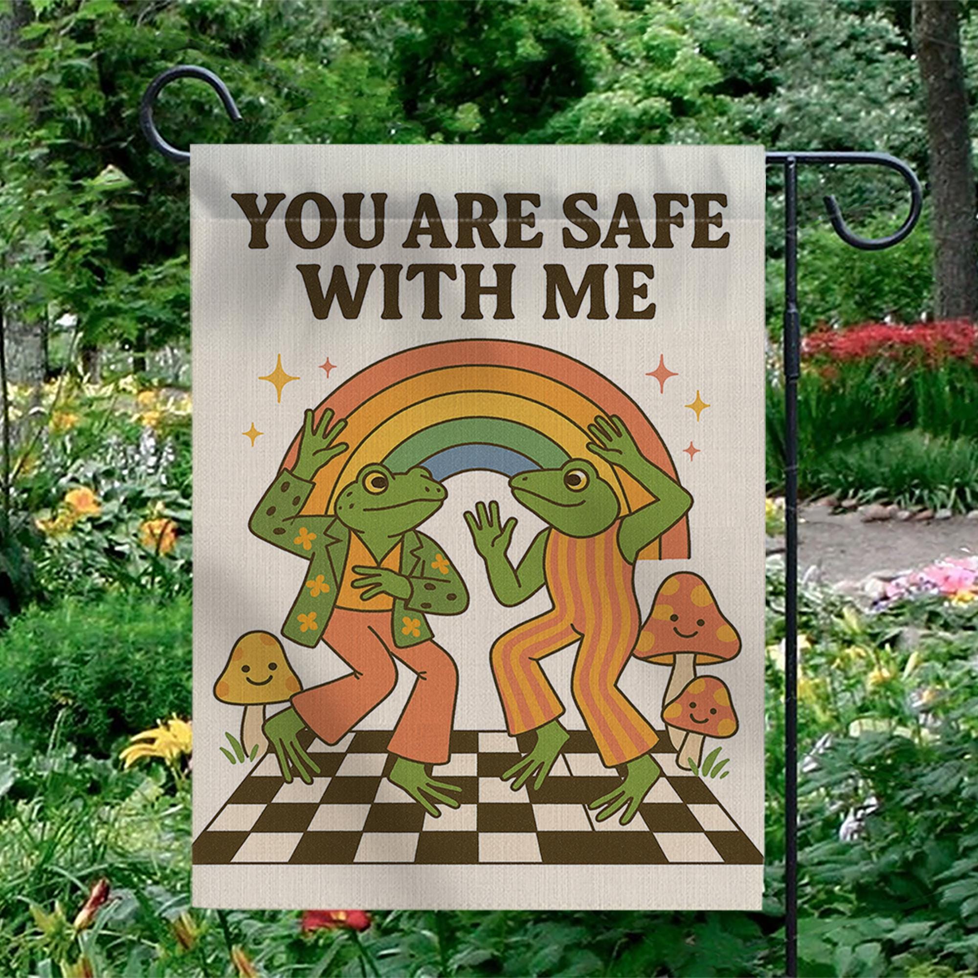 You Are Safe With Me Garden Flag – Cute LGBT Pride Frog Decor, Rainbow Queer Outdoor Sign, Affirming Safe Space Yard Banner