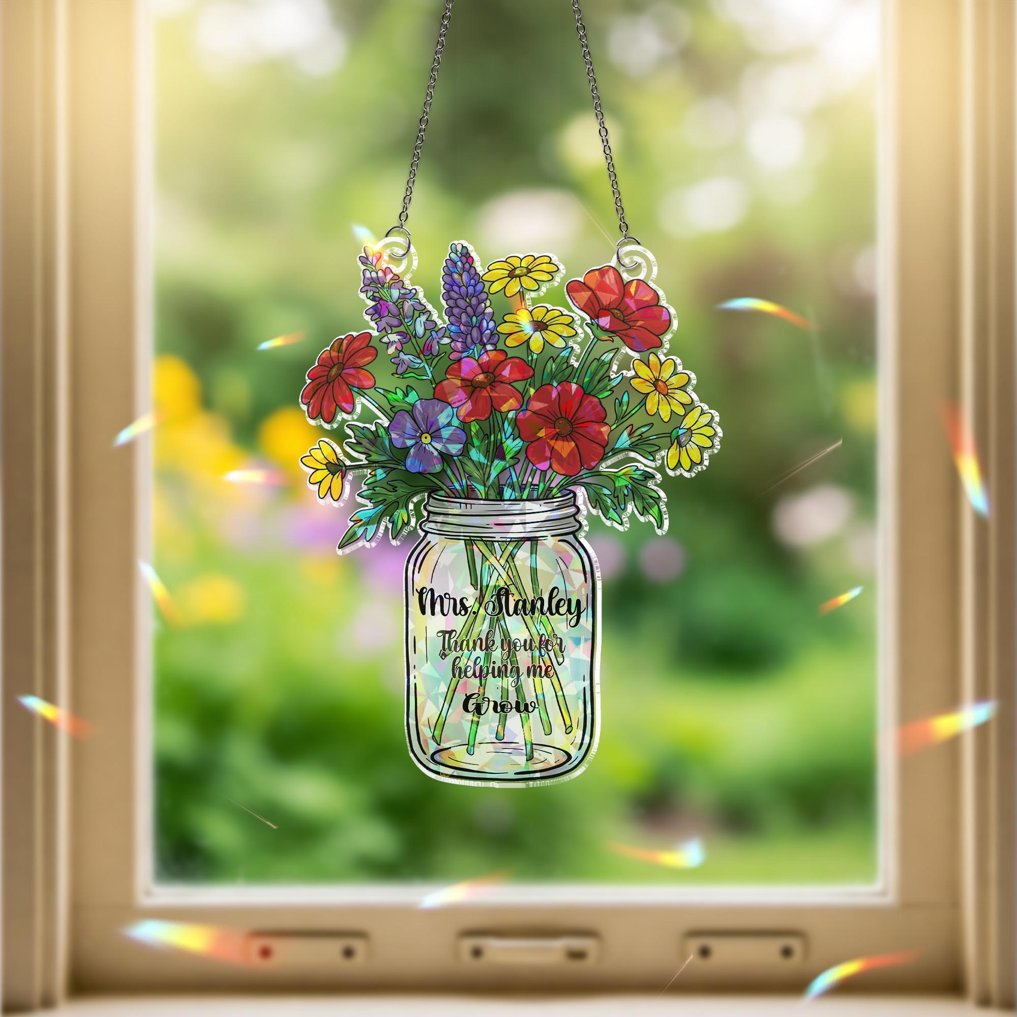 Custom Teacher Suncatcher – Personalized Acrylic Flower Sun Catcher, Thank You Gift, Holographic Hanging Decor, teacher appreciation gift