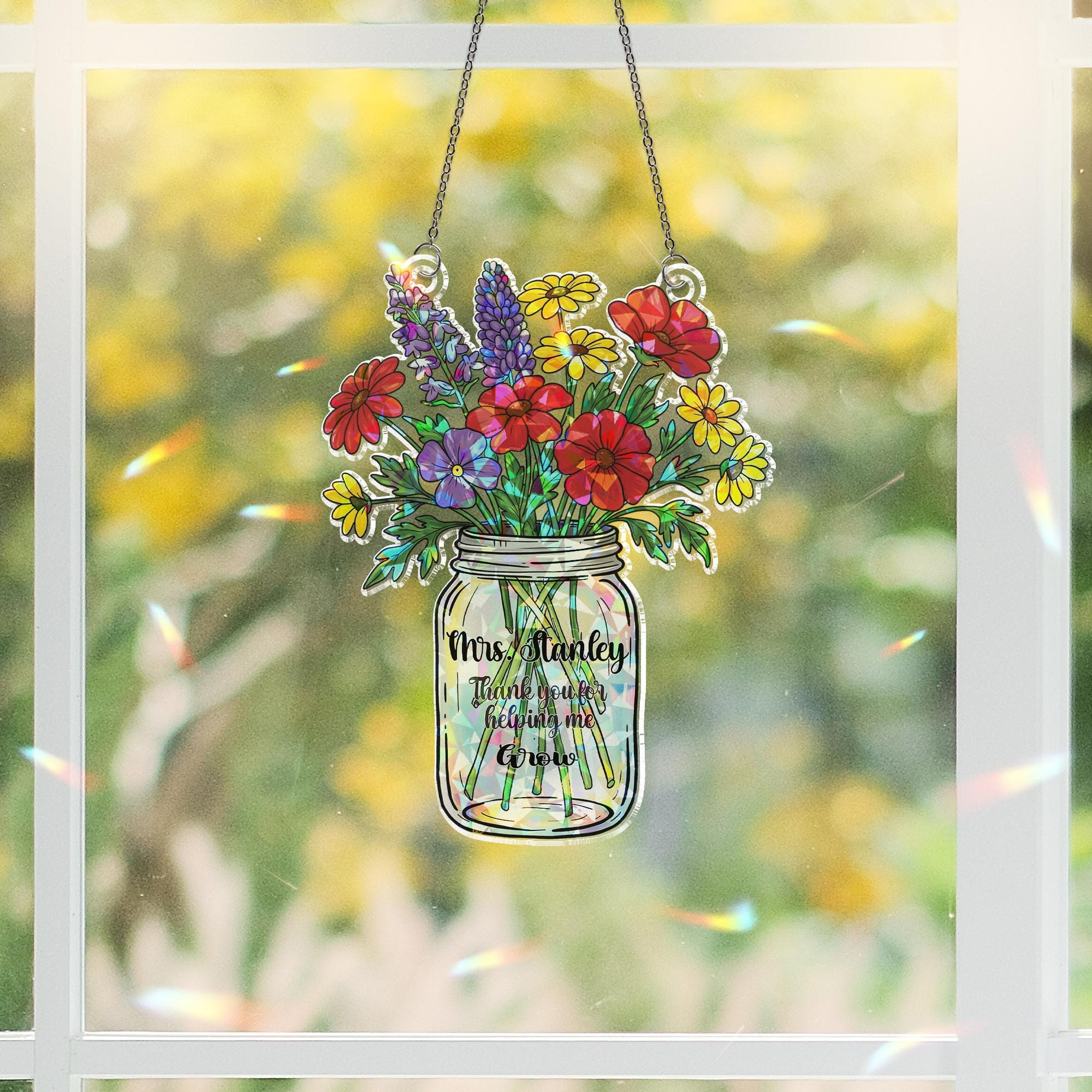 Custom Teacher Suncatcher – Personalized Acrylic Flower Sun Catcher, Thank You Gift, Holographic Hanging Decor, teacher appreciation gift