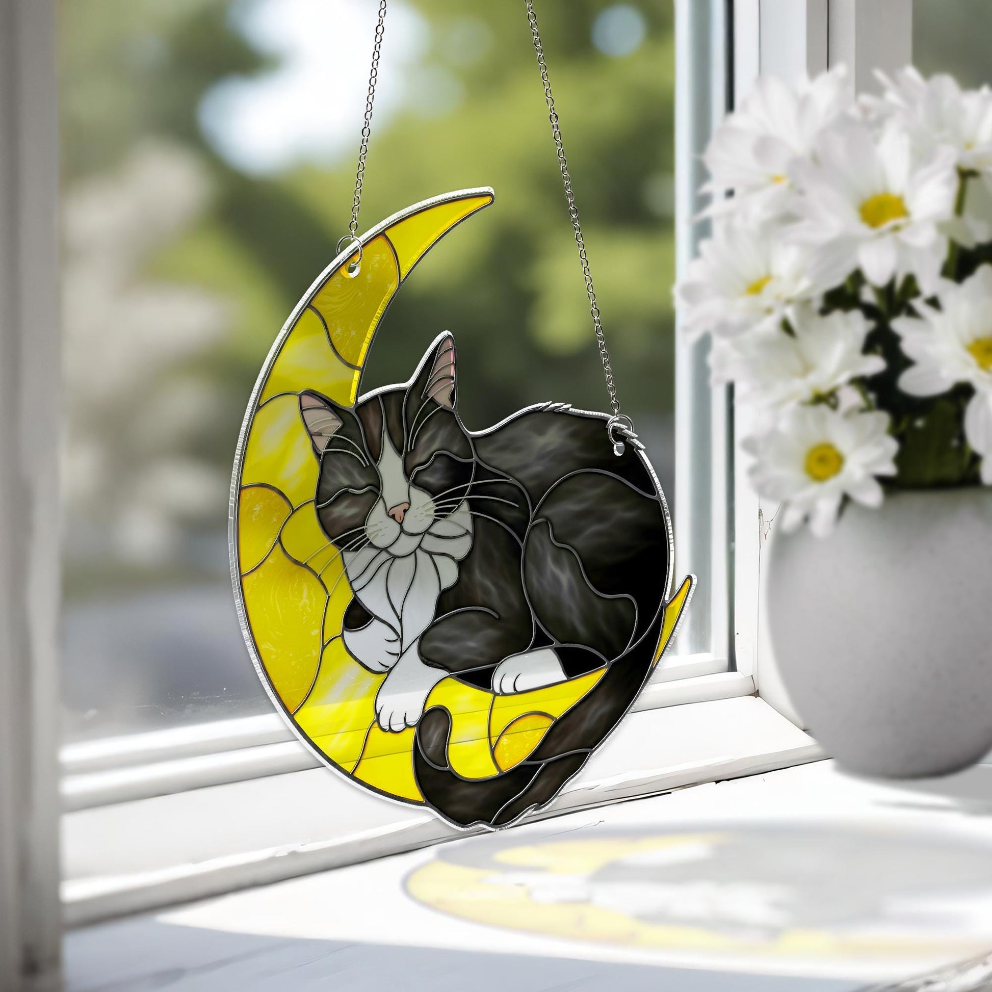 Tuxedo Cat Moon Suncatcher – FAUXED Stained Glass Cat Window Hanging, Crescent Moon Decor, Pet Lover Gift, Cat Memorial Sun Catcher
