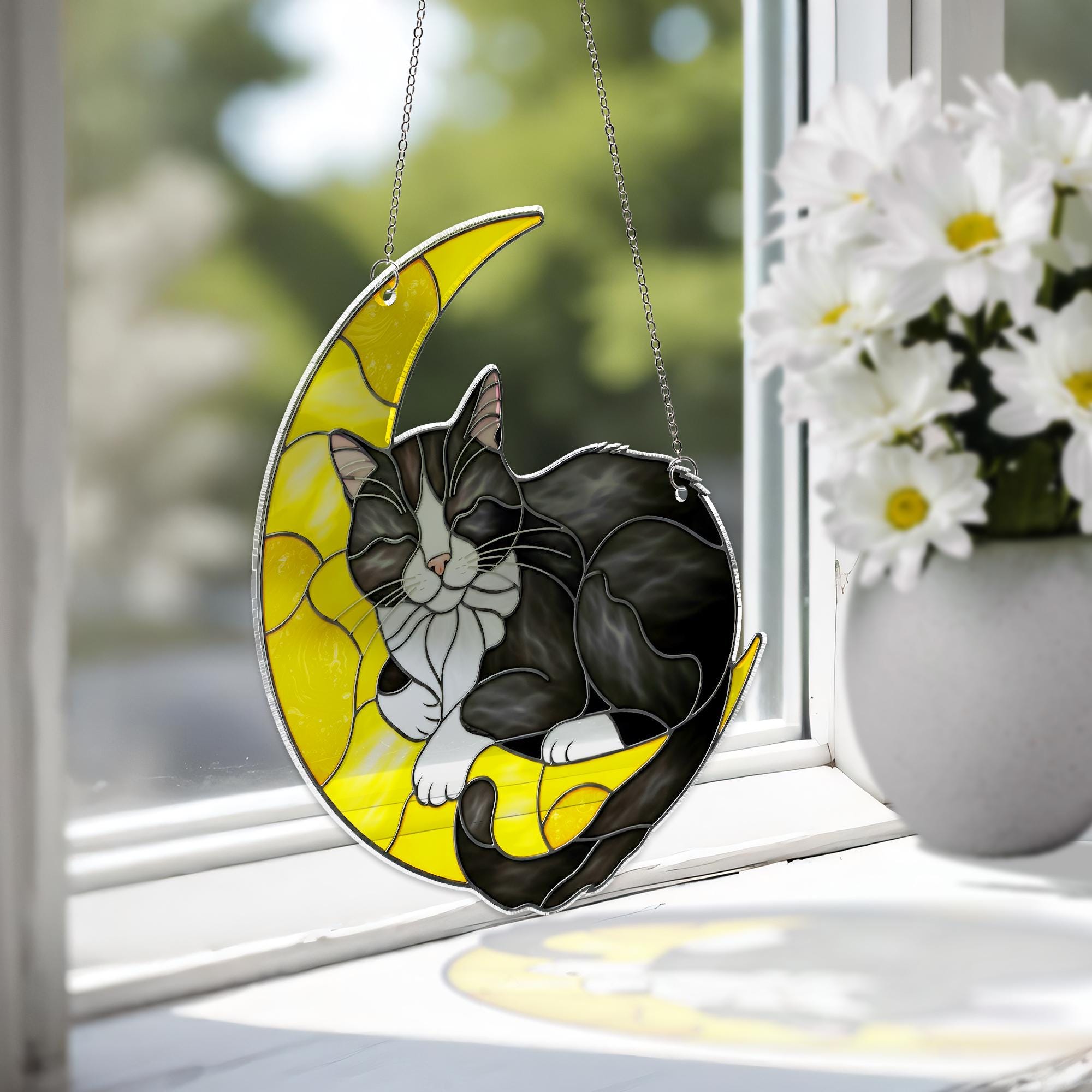 Tuxedo Cat Moon Suncatcher – FAUXED Stained Glass Cat Window Hanging, Crescent Moon Decor, Pet Lover Gift, Cat Memorial Sun Catcher