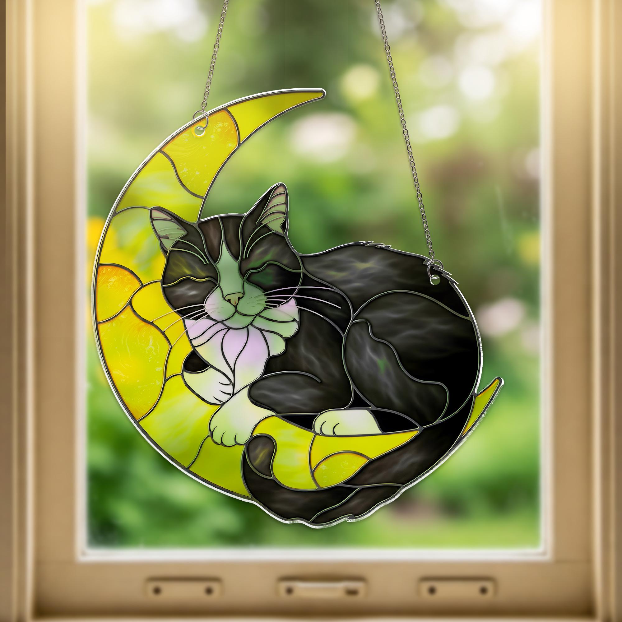 Tuxedo Cat Moon Suncatcher – FAUXED Stained Glass Cat Window Hanging, Crescent Moon Decor, Pet Lover Gift, Cat Memorial Sun Catcher
