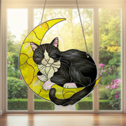 Tuxedo Cat Moon Suncatcher – FAUXED Stained Glass Cat Window Hanging, Crescent Moon Decor, Pet Lover Gift, Cat Memorial Sun Catcher
