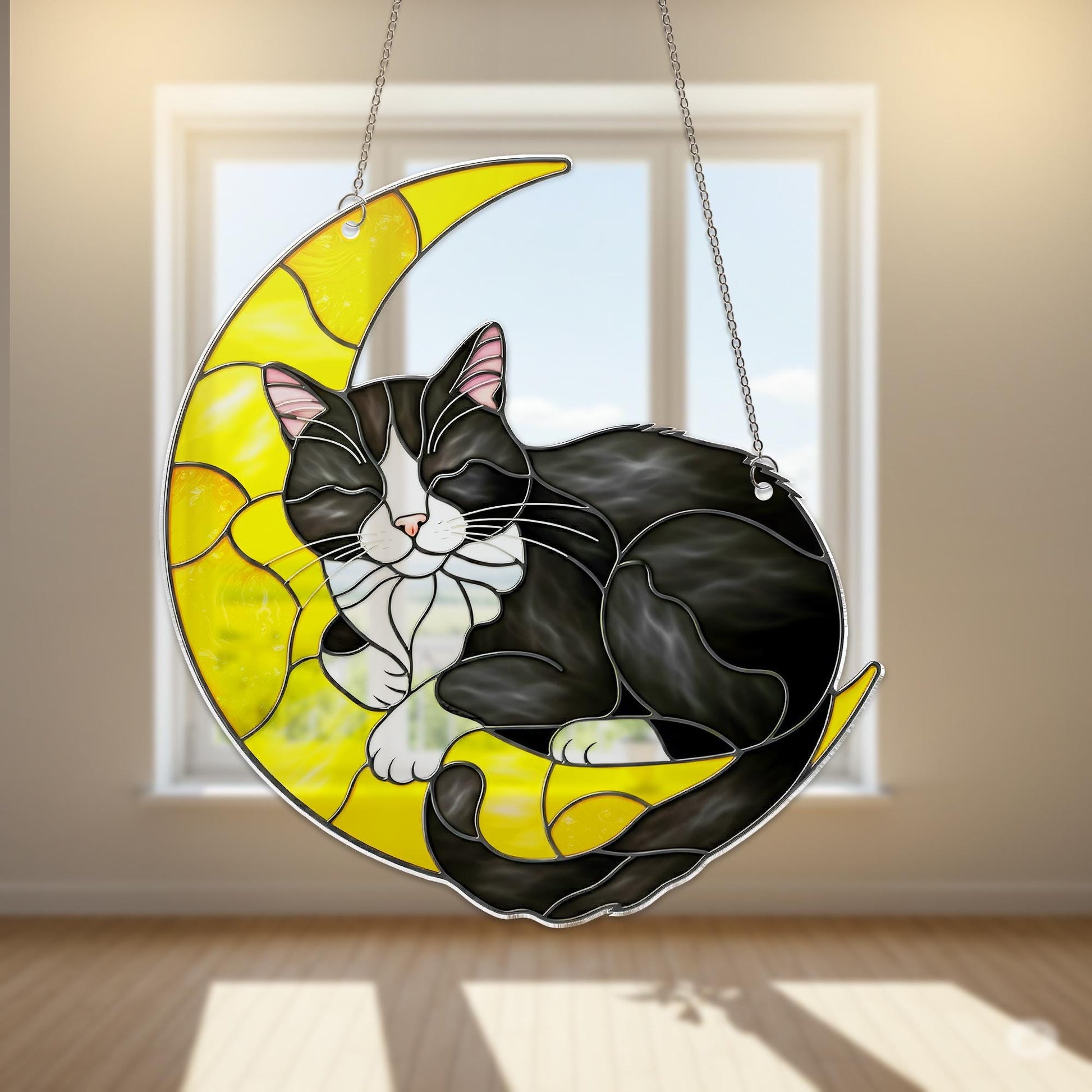 Tuxedo Cat Moon Suncatcher – FAUXED Stained Glass Cat Window Hanging, Crescent Moon Decor, Pet Lover Gift, Cat Memorial Sun Catcher