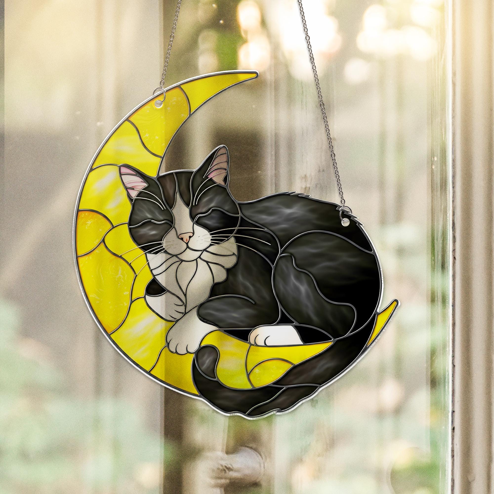 Tuxedo Cat Moon Suncatcher – FAUXED Stained Glass Cat Window Hanging, Crescent Moon Decor, Pet Lover Gift, Cat Memorial Sun Catcher