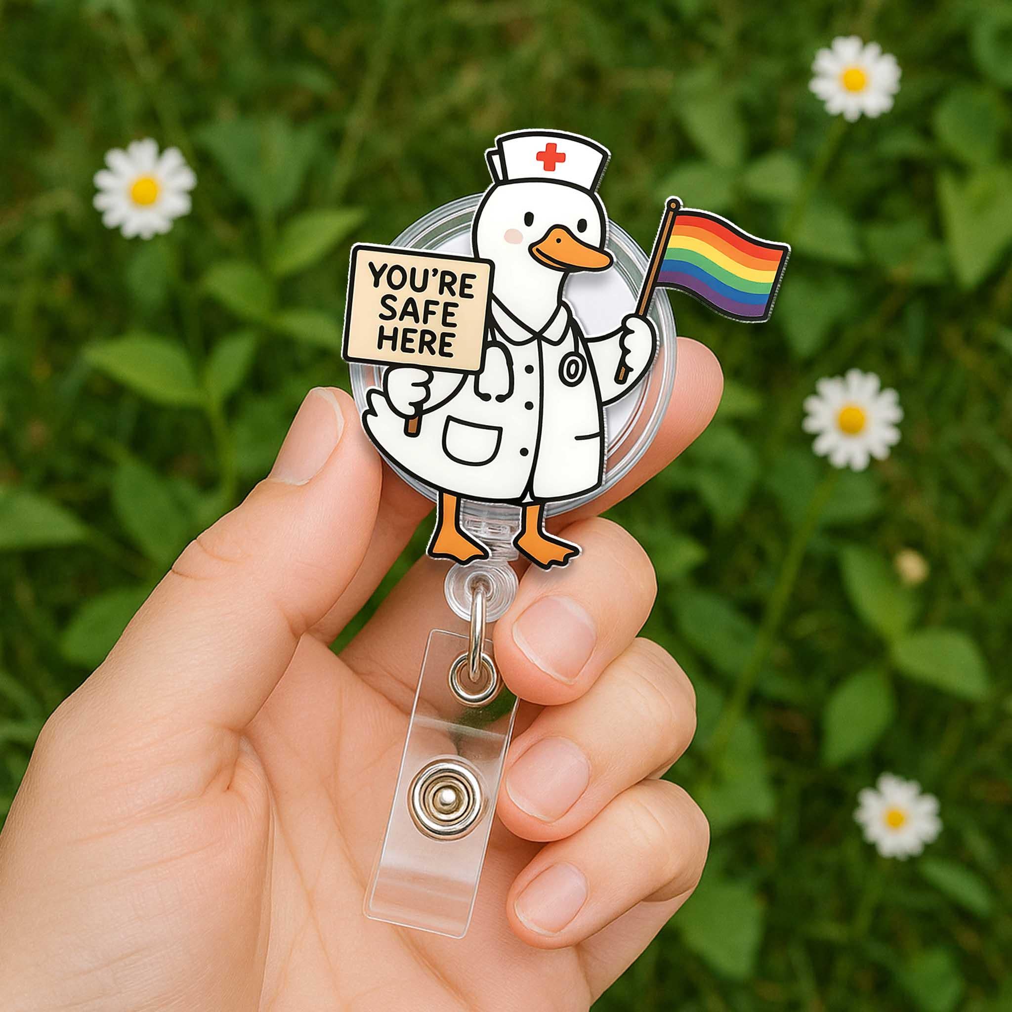 You're Safe Here Pride Nurse Duck Badge Reel – LGBTQ+ Safe Space ID Holder for Nurses, Healthcare Staff, Cute Inclusive Retractable Clip