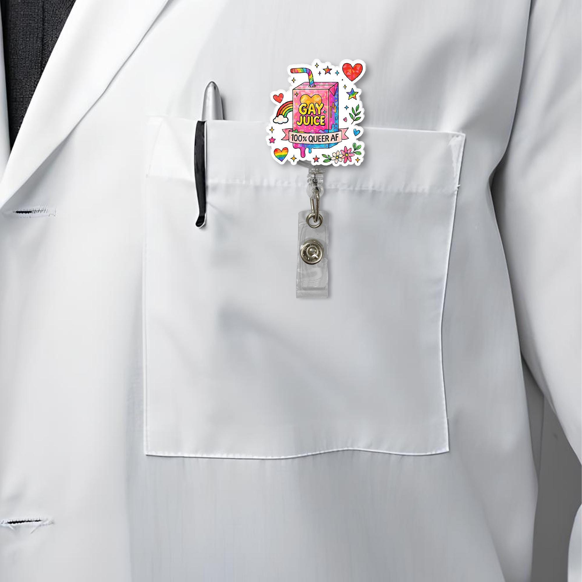 Pride Month Badge Reel – Funny Gay Juice LGBTQ ID Holder – Queer Nurse Gift – Rainbow Clip for Work – 100% Queer AF Badge Accessory