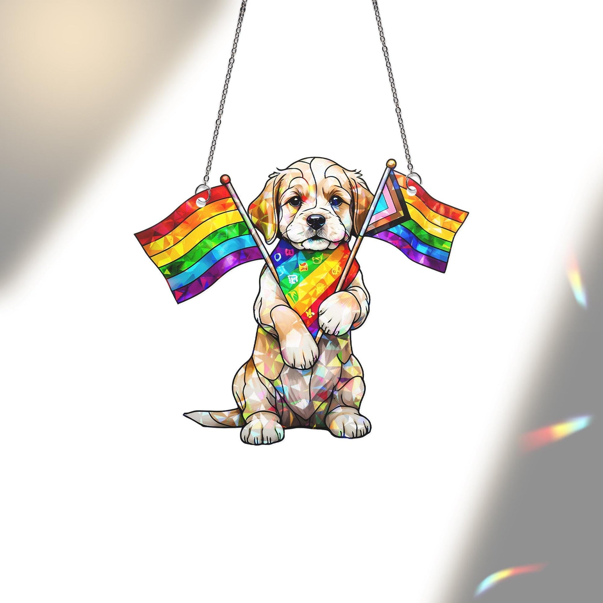 Rainbow Puppy Pride Acrylic Window Hanging – LGBTQ Acrylic Suncatcher – Cute Dog Pride Month Decor – Queer Love Window Ornament