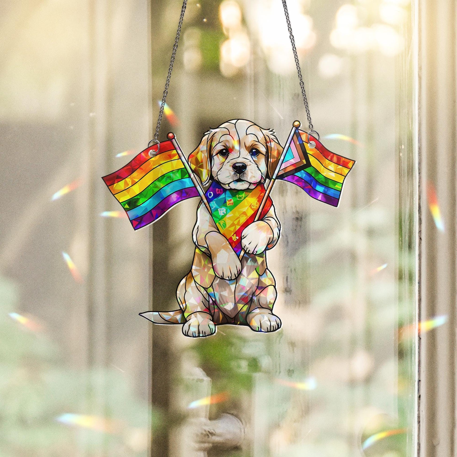 Rainbow Puppy Pride Acrylic Window Hanging – LGBTQ Acrylic Suncatcher – Cute Dog Pride Month Decor – Queer Love Window Ornament