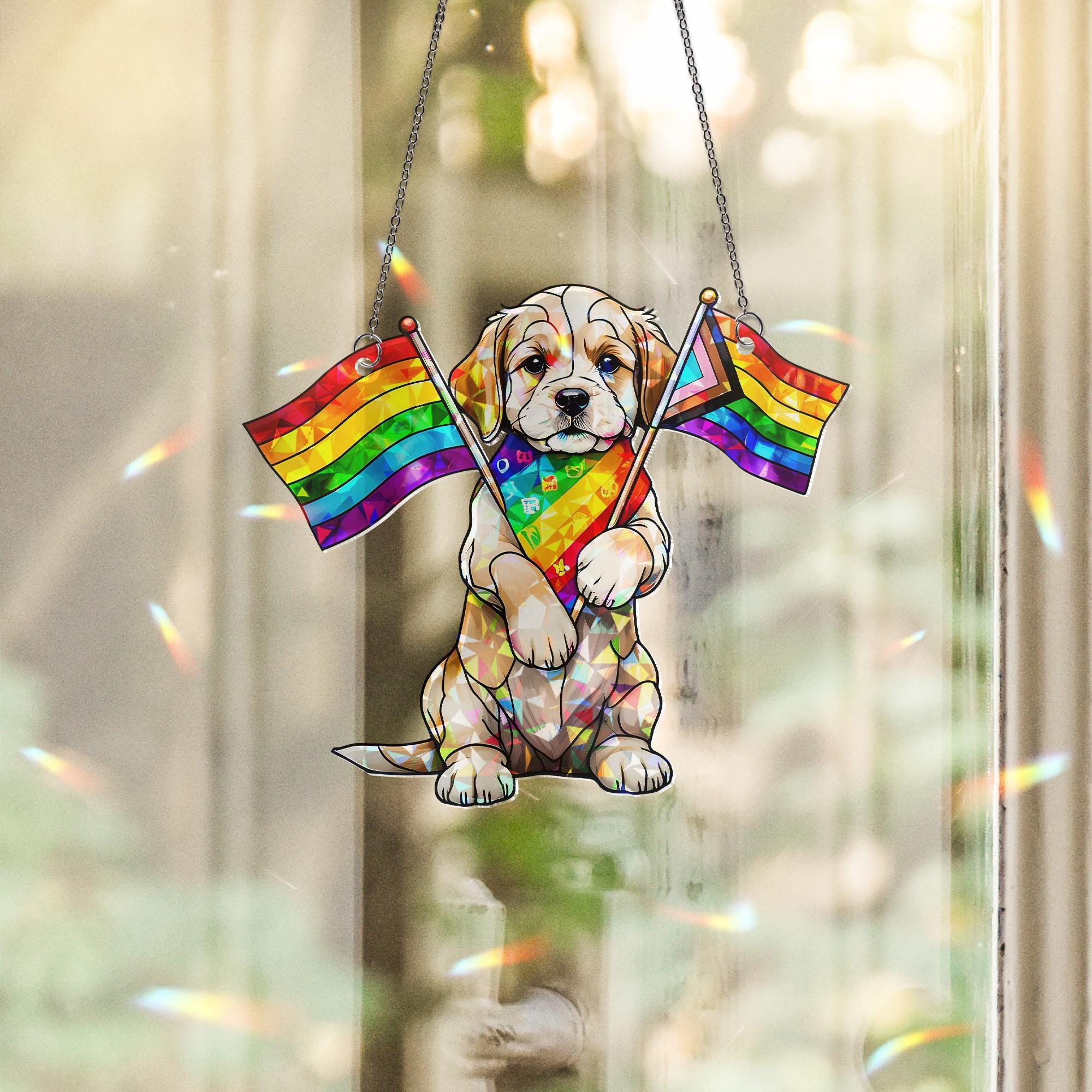 Rainbow Puppy Pride Acrylic Window Hanging – LGBTQ Acrylic Suncatcher – Cute Dog Pride Month Decor – Queer Love Window Ornament
