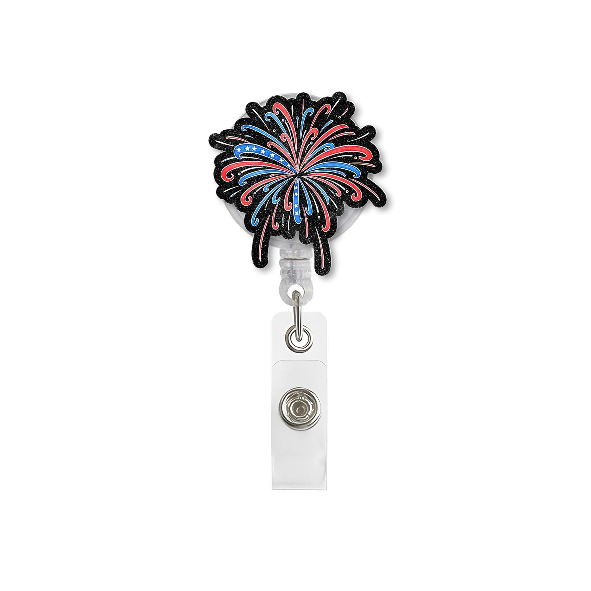 Fireworks Faux Glitter Badge Reel, 4th of July ID Holder, Patriotic Nurse Badge Clip, Red White Blue Glitter Reel, Independence Day Gift