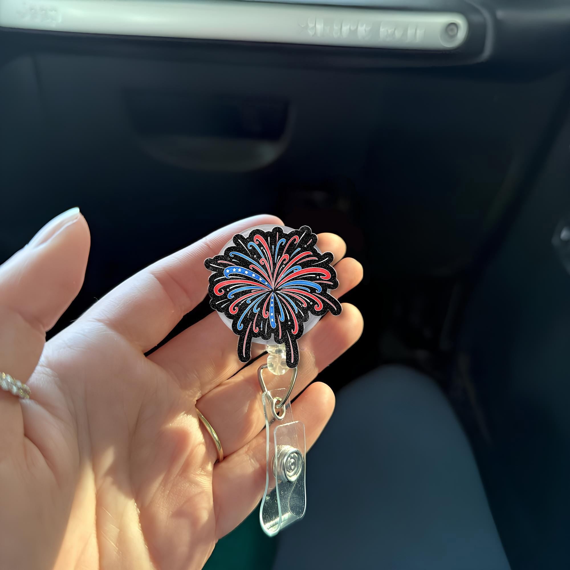 Fireworks Faux Glitter Badge Reel, 4th of July ID Holder, Patriotic Nurse Badge Clip, Red White Blue Glitter Reel, Independence Day Gift