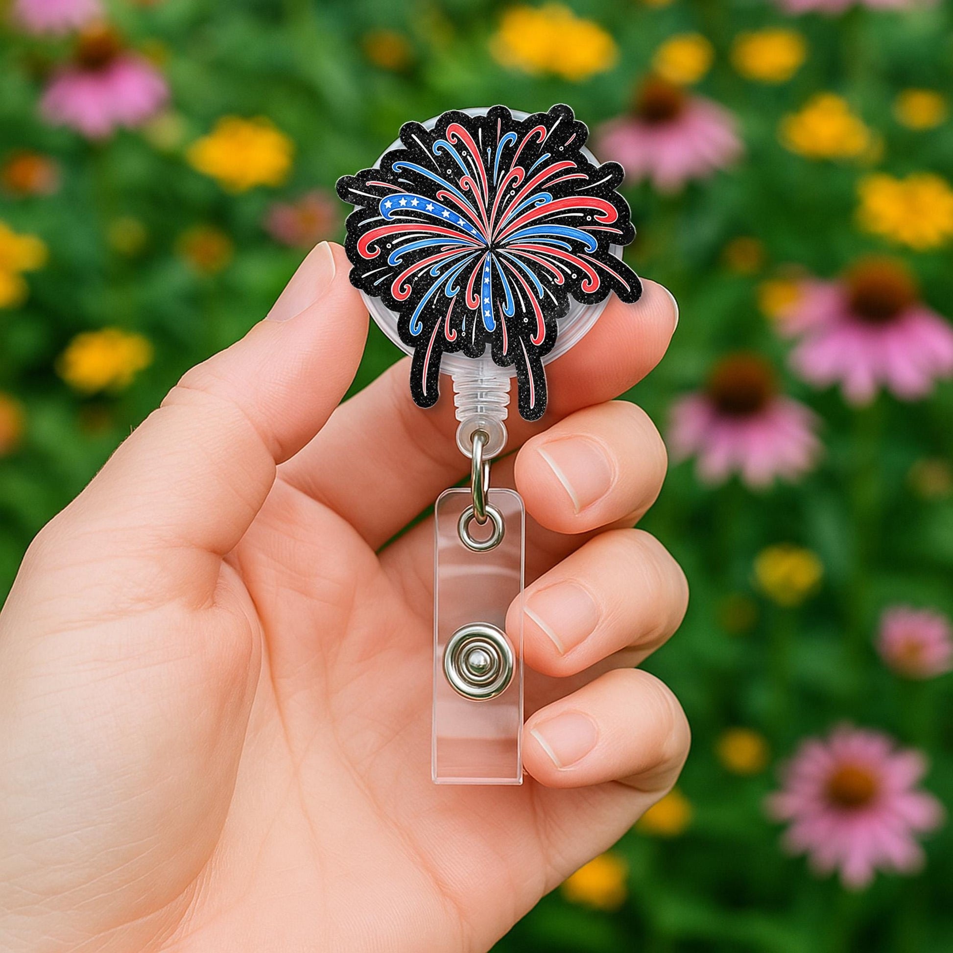 Fireworks Faux Glitter Badge Reel, 4th of July ID Holder, Patriotic Nurse Badge Clip, Red White Blue Glitter Reel, Independence Day Gift