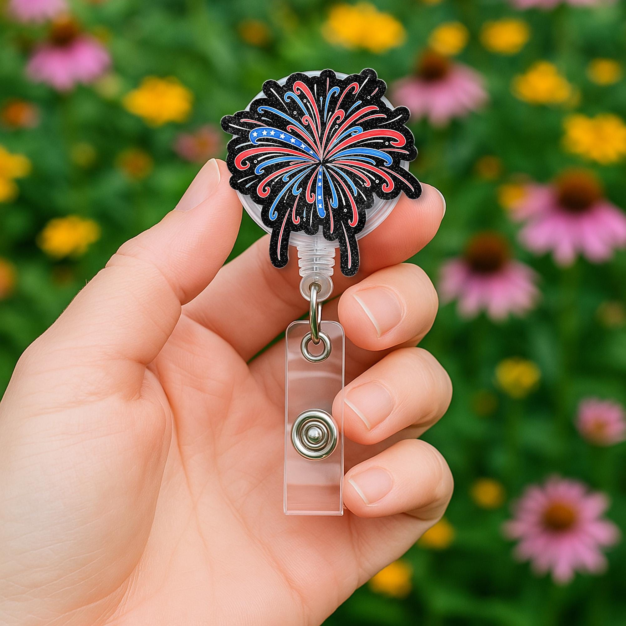 Fireworks Faux Glitter Badge Reel, 4th of July ID Holder, Patriotic Nurse Badge Clip, Red White Blue Glitter Reel, Independence Day Gift